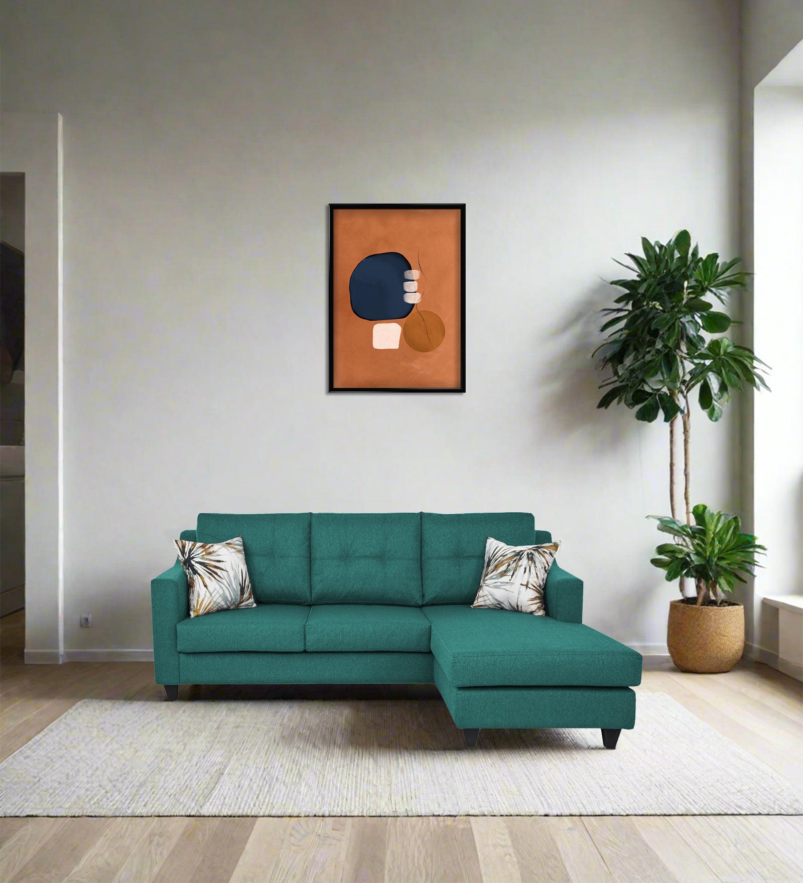 Welly Fabric LHS Sectional Sofa (2+Lounger) In Sea Green Colour - Febonic Living