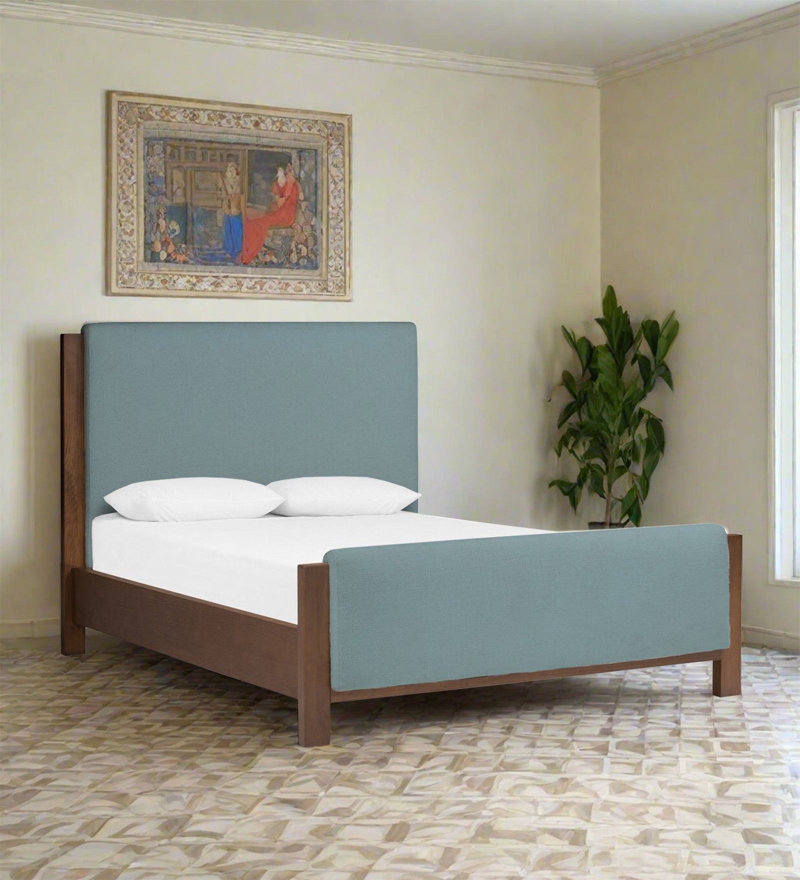 Zoro Boucle Fabric Queen Size Bed in Storm Blue Colour - Febonic Living