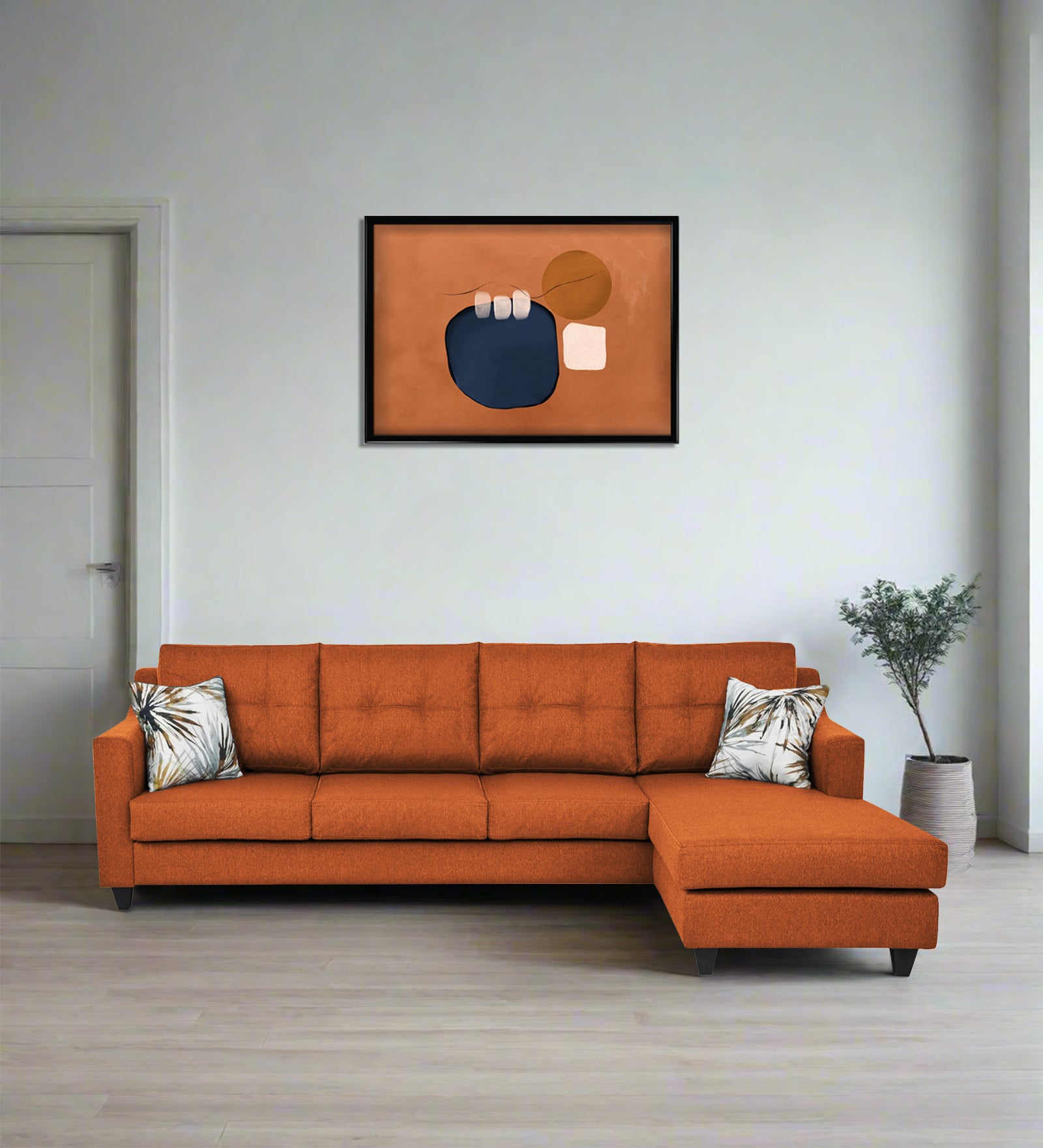 Welly Fabric LHS Sectional Sofa (3+Lounger) In Vivid Orange Colour - Febonic Living