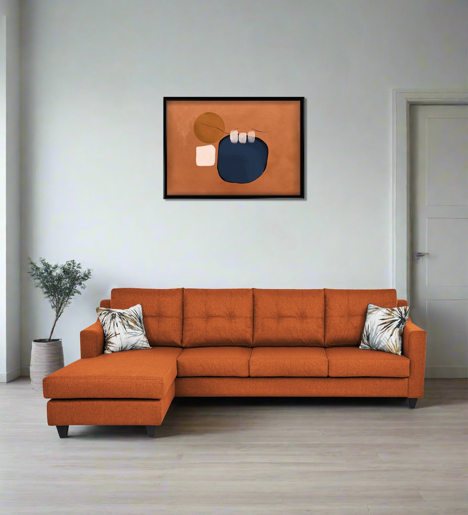 Welly Fabric RHS Sectional Sofa (3+Lounger) In Vivid Orange Colour - Febonic Living