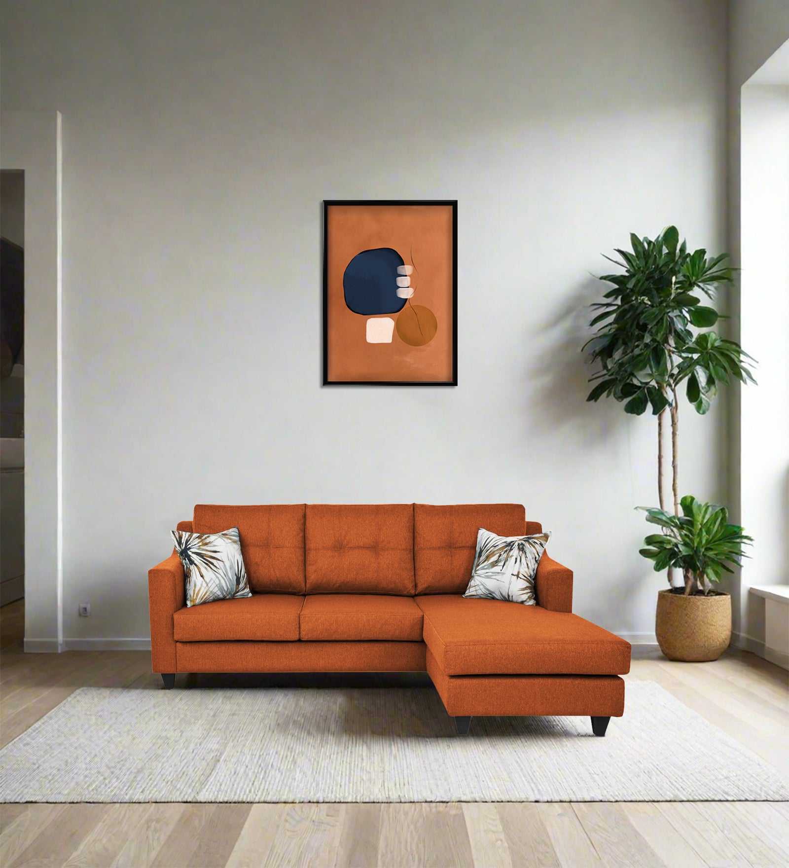 Welly Fabric LHS Sectional Sofa (2+Lounger) In Vivid Orange Colour - Febonic Living