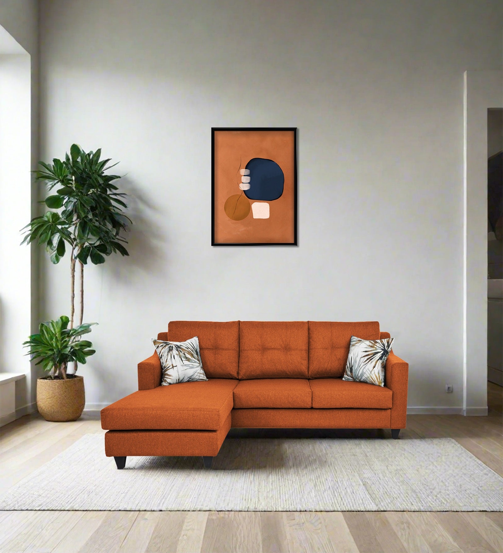 Welly Fabric RHS Sectional Sofa (2+Lounger) In Vivid Orange Colour - Febonic Living