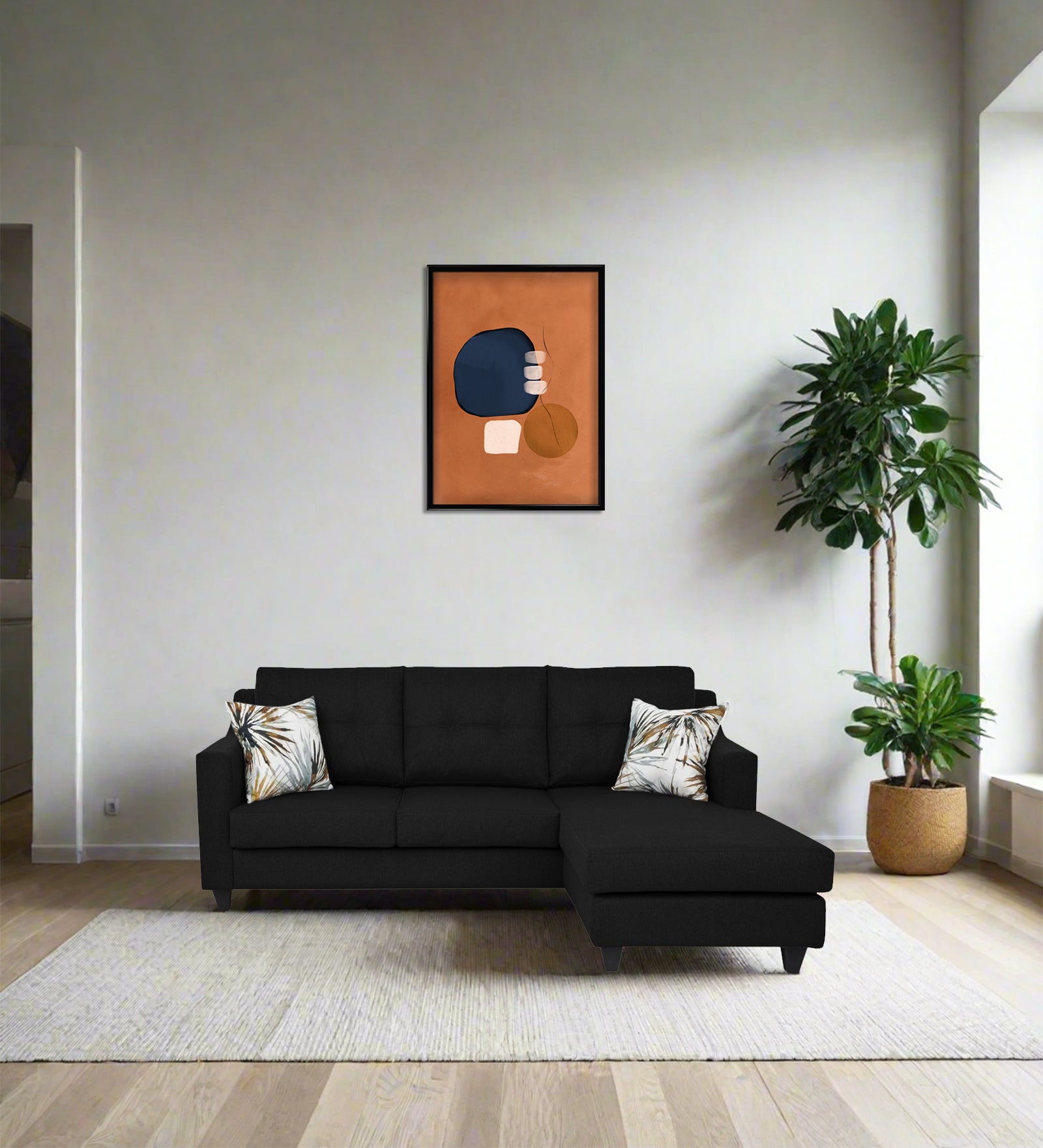 Welly Fabric LHS Sectional Sofa(2+Lounger) In Zed Black Colour - Febonic Living