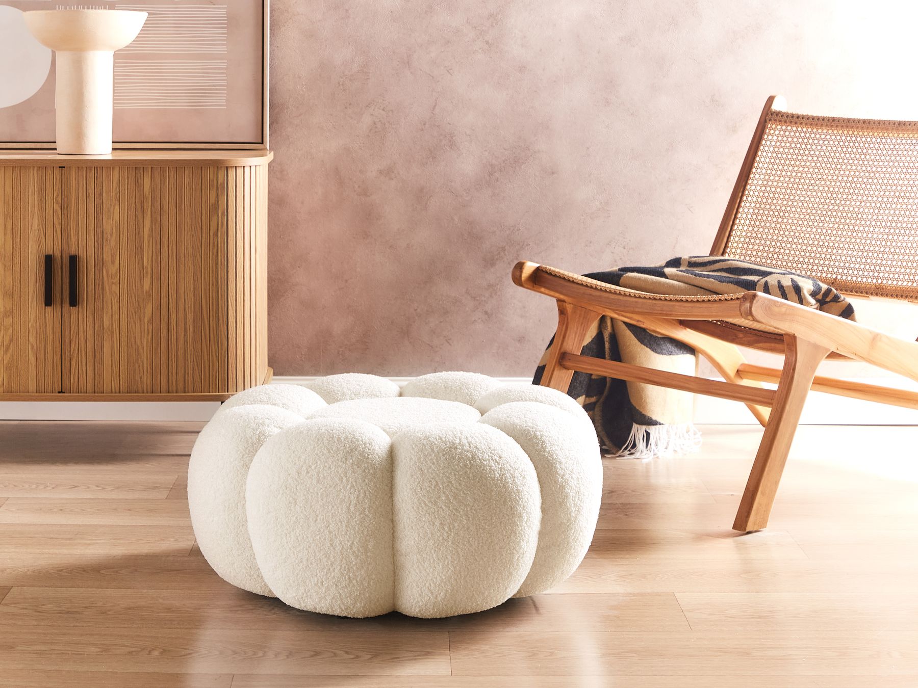 Wart Boucle Pouffe In Shell White Colour - Febonic Living