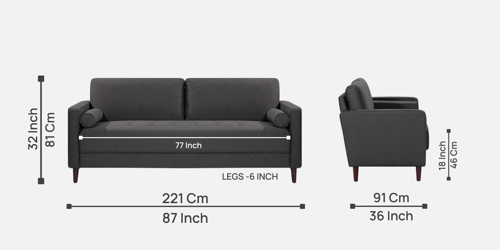 Darvin Fabric 3 Seater Sofa In Charcoal Grey Colour - Febonic Living