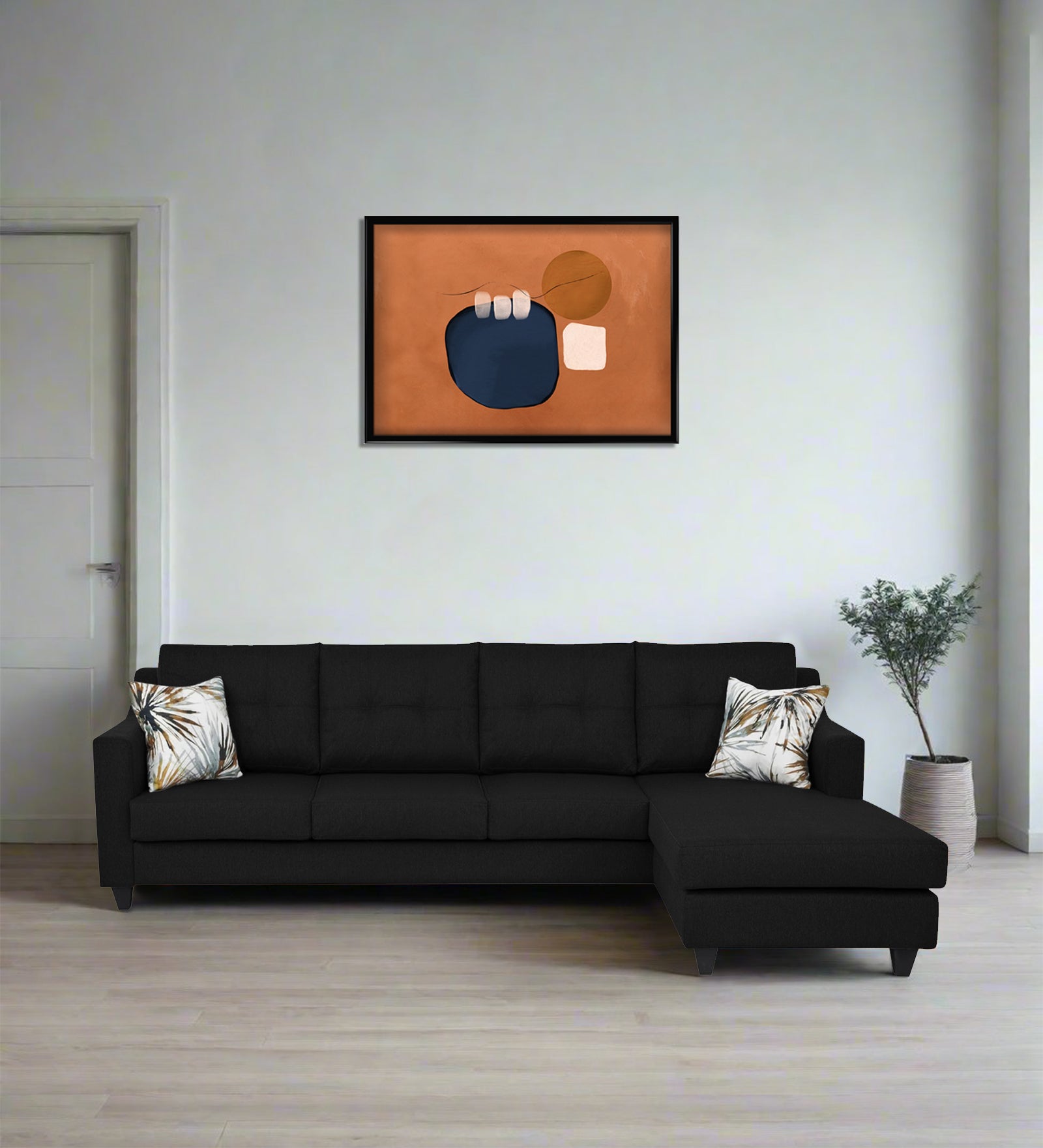 Welly Fabric LHS Sectional Sofa (3+Lounger) In Zed Black Colour - Febonic Living