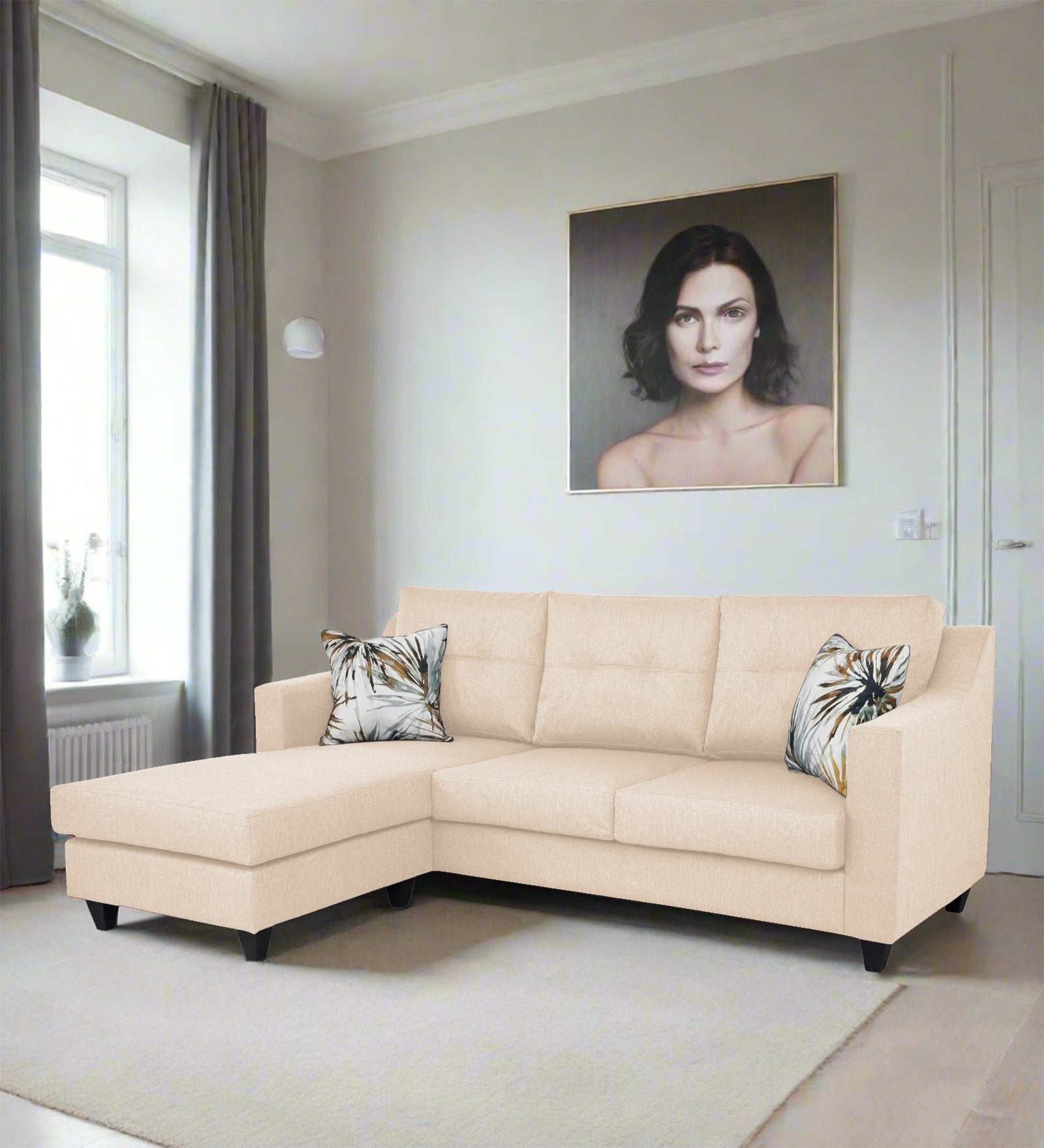 Welly Fabric RHS Sectional Sofa (2+Lounger) In Woom Beige Colour - Febonic Living