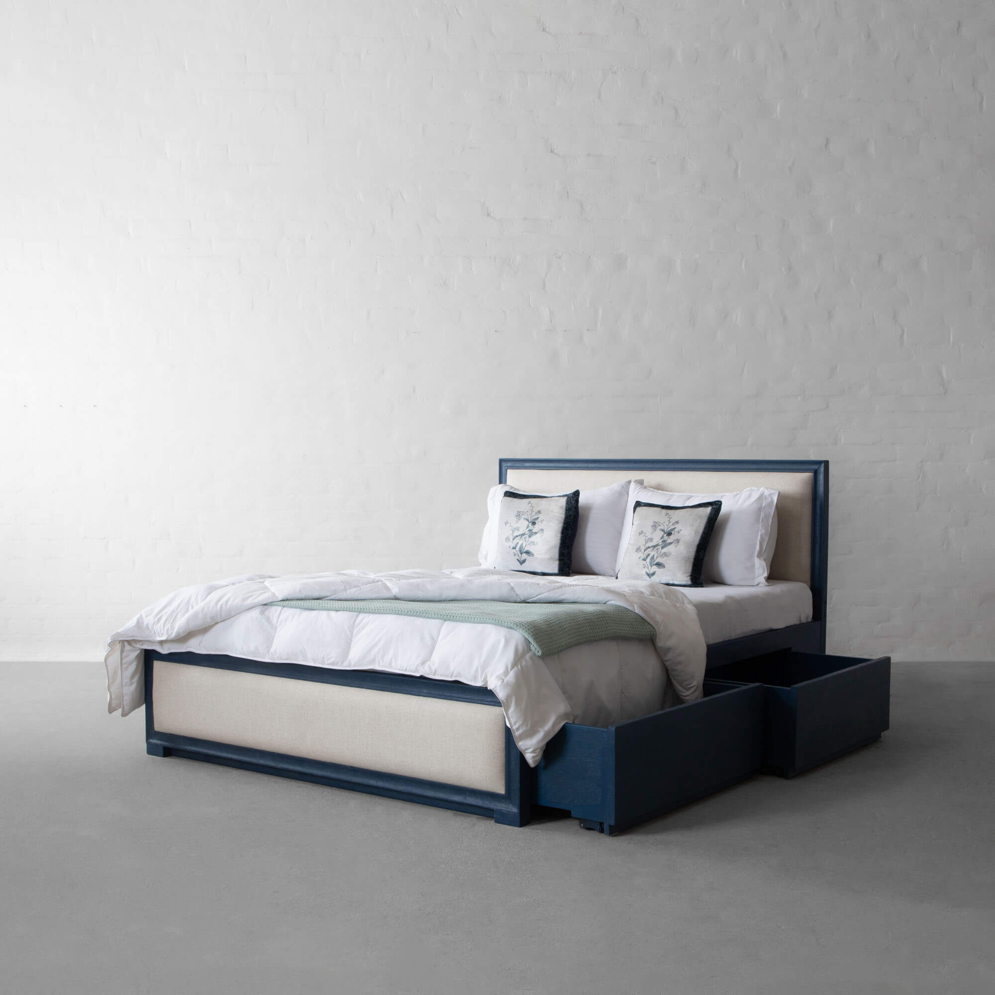 Limbu Leatherette + Fabric Queen Size Bed in Ivory Cream With Drawer Storage