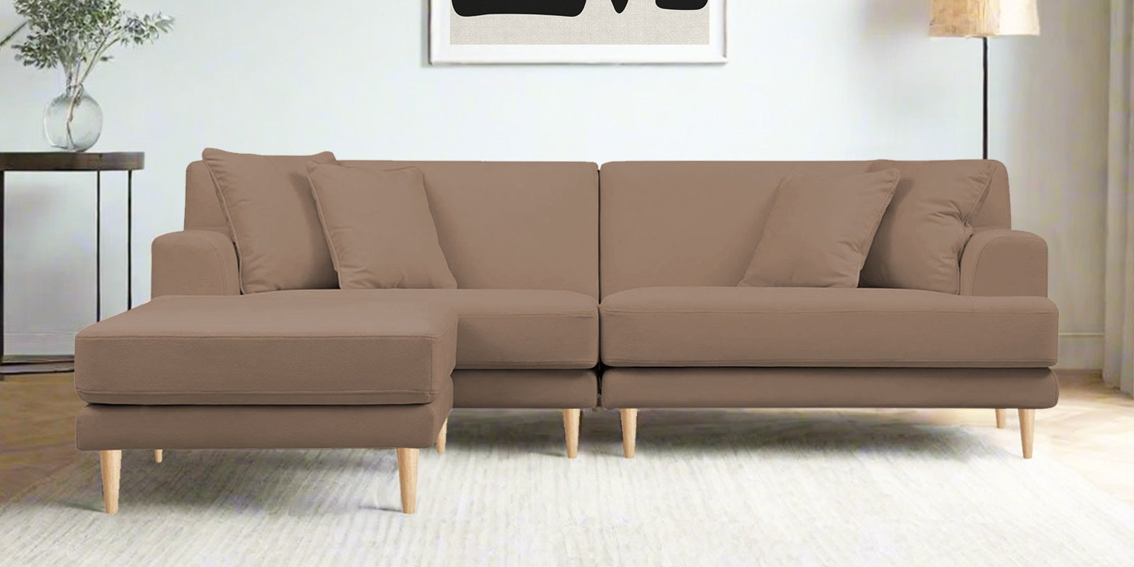 Woody Fabric RHS Sectional Sofa (3+Lounger) In Wheat Beige Colour - Febonic Living