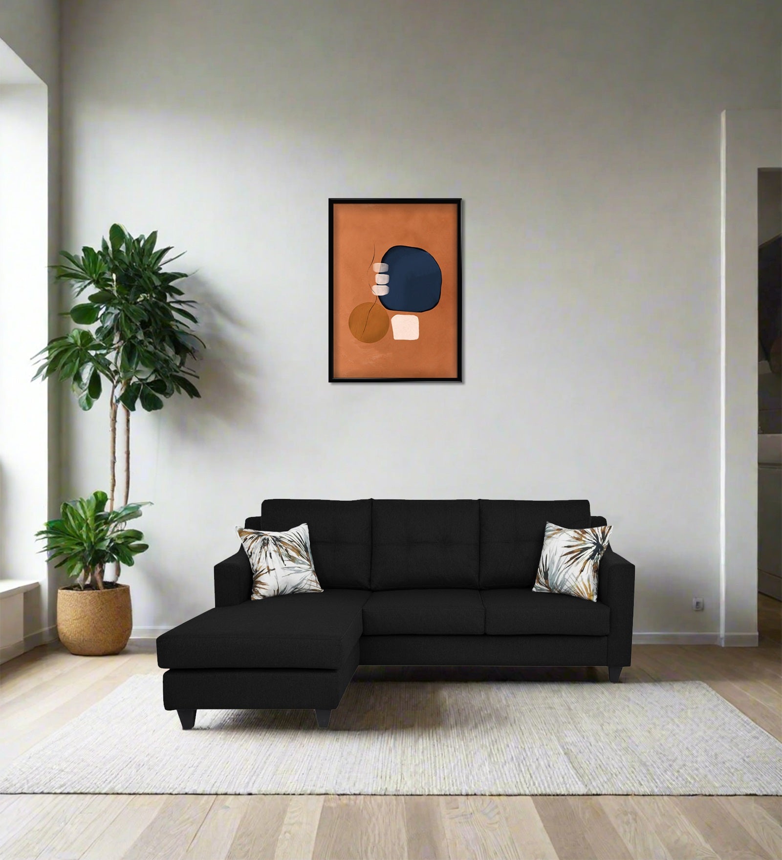 Welly Fabric RHS Sectional Sofa (2+Lounger) In Zed Black Colour - Febonic Living