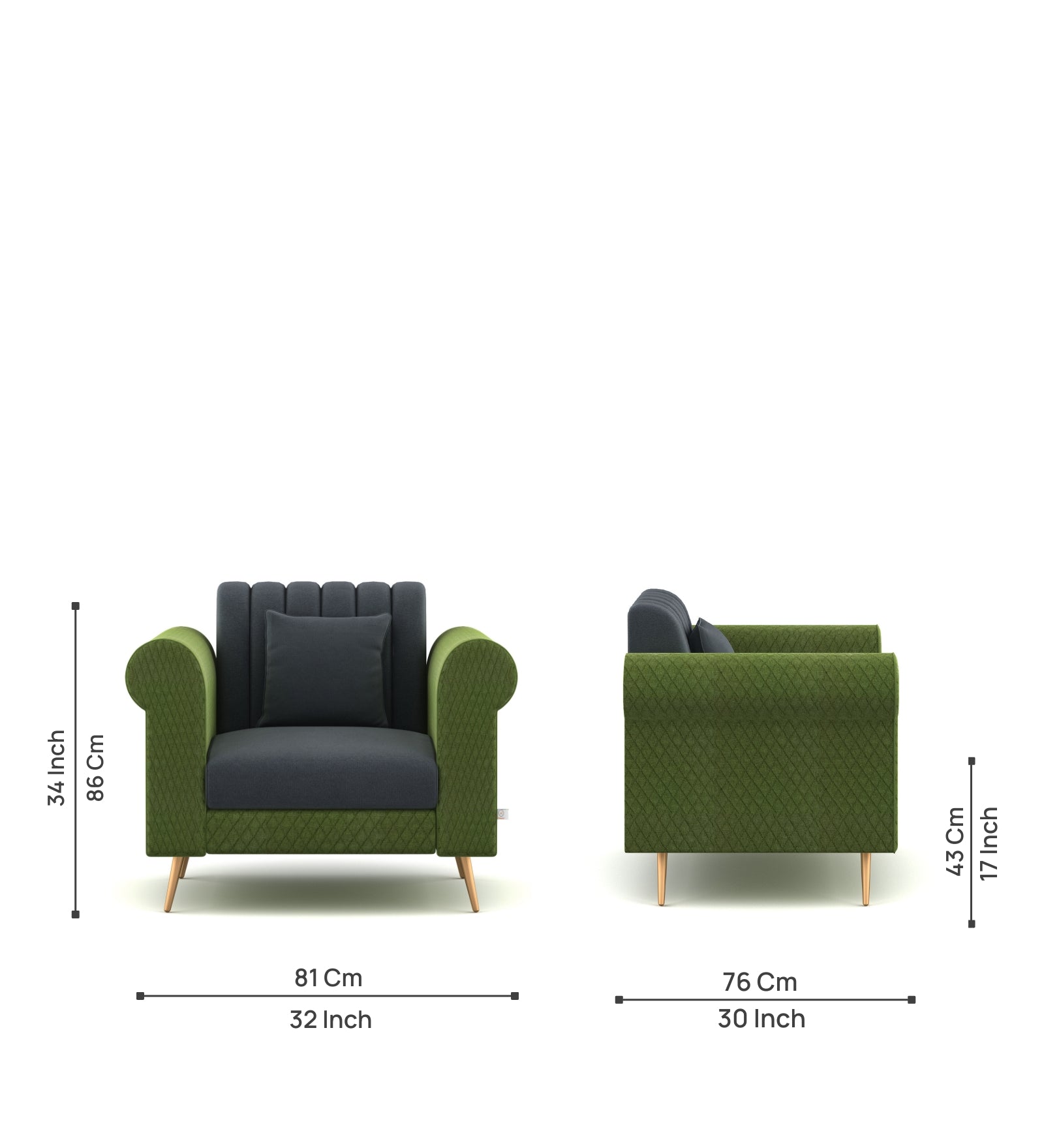 Fidel Fabric 1 Seater Sofa In Olive Green and Charcoal Grey Colour