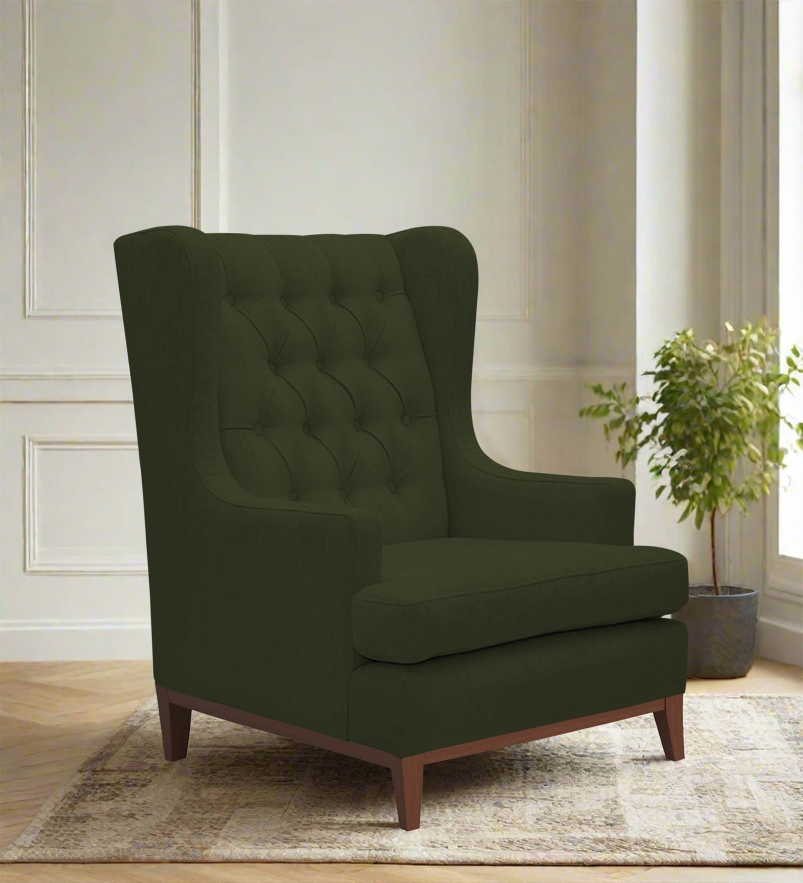 Panas Fabric Wing Chair In Olive Green Colour - Febonic Living