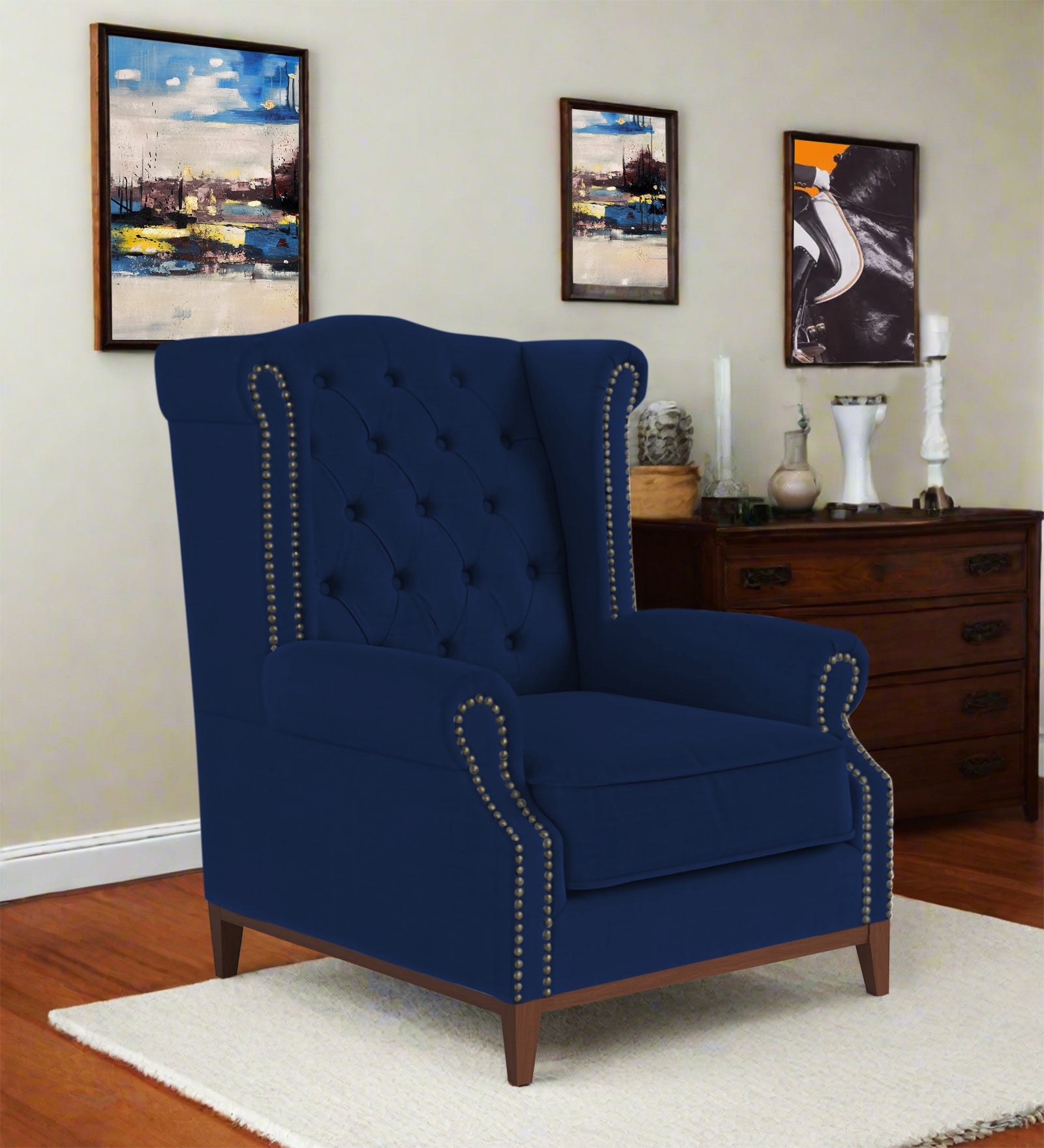 Nory Fabric Wing Chair In Royal Blue Colour - Febonic Living