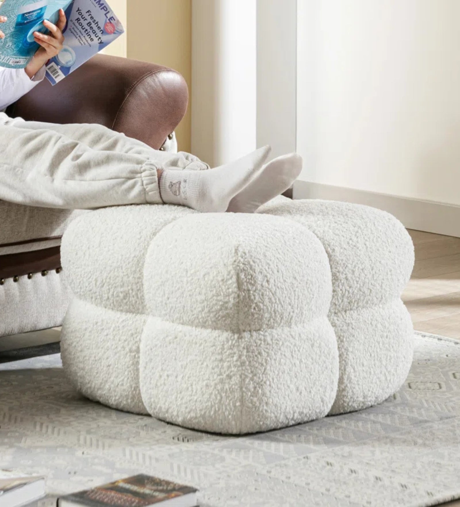 Rober Boucle Fabric Pouffe In Bright White Colour - Febonic Living