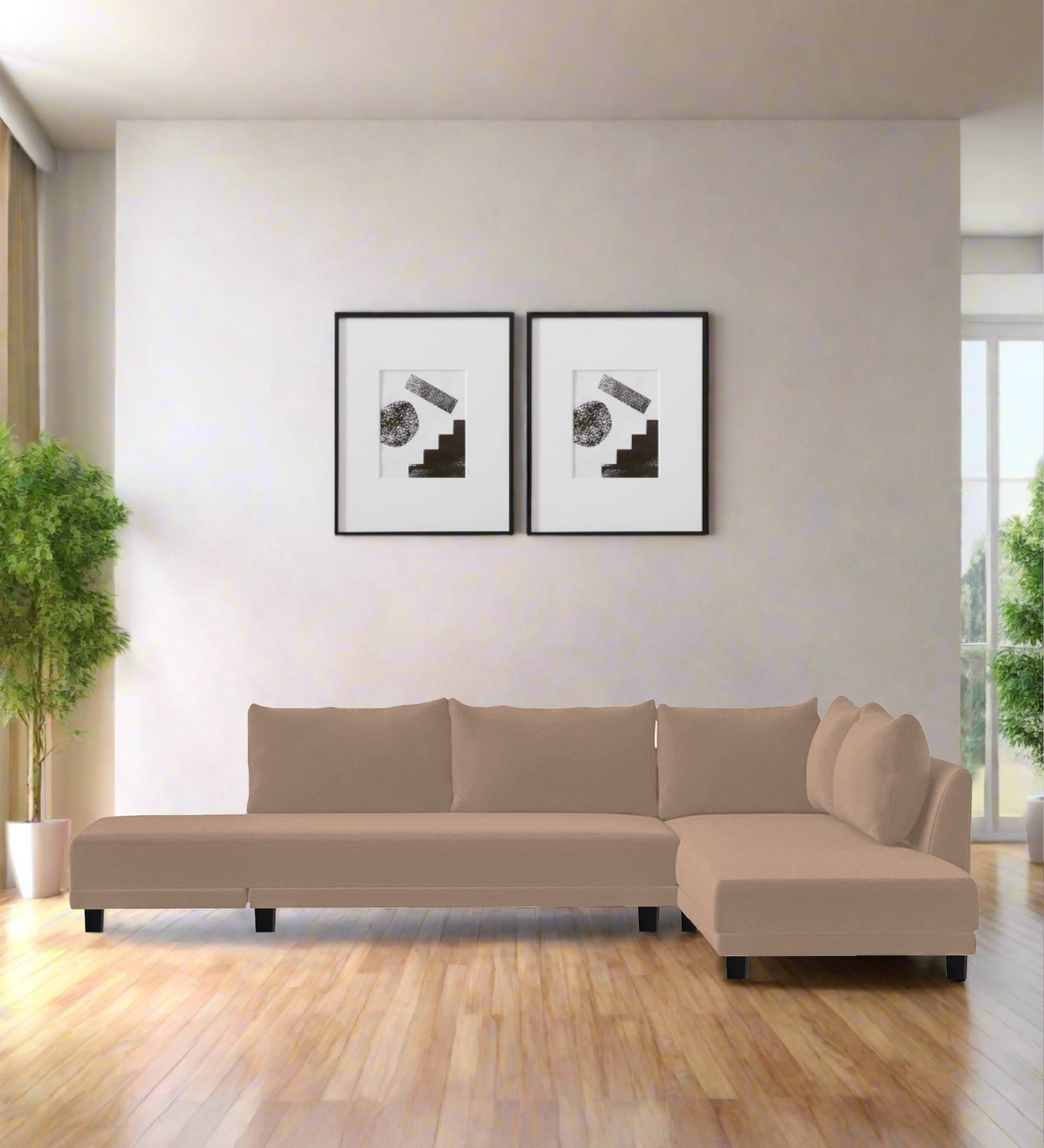 Ira Fabric LHS 6 Seater Convertible Sofa Cum Bed In Cookie Beige Colour - Febonic Living