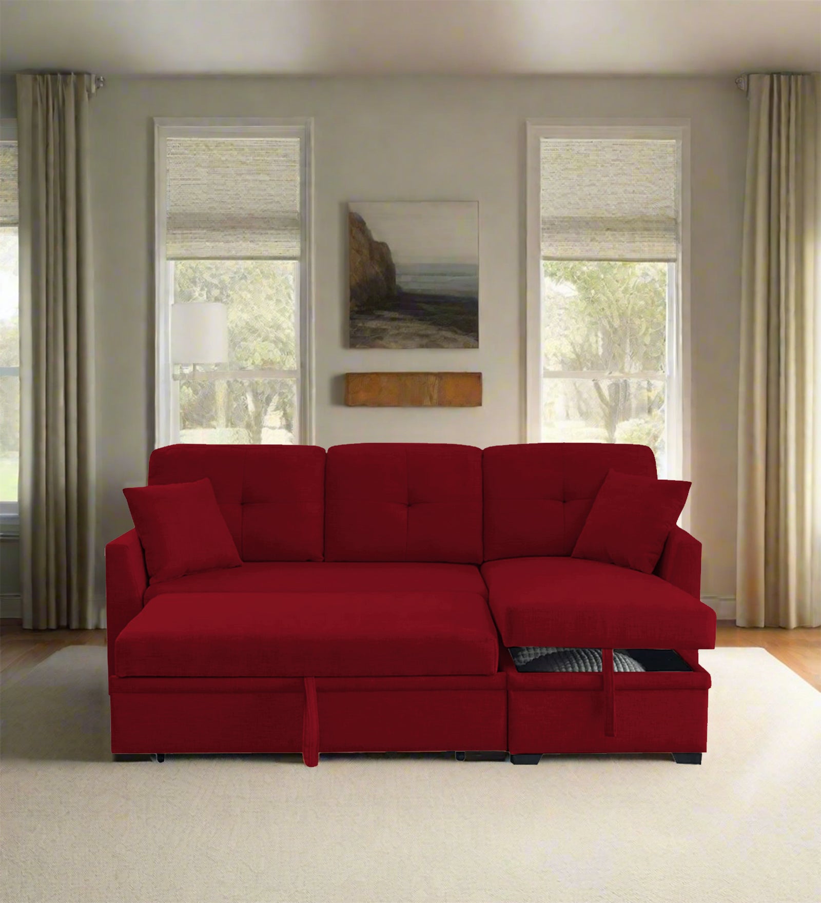 Jody Fabric 3 Seater Pull Out Sofa Cum Bed In Ruby Red Colour With Storage - Febonic Living