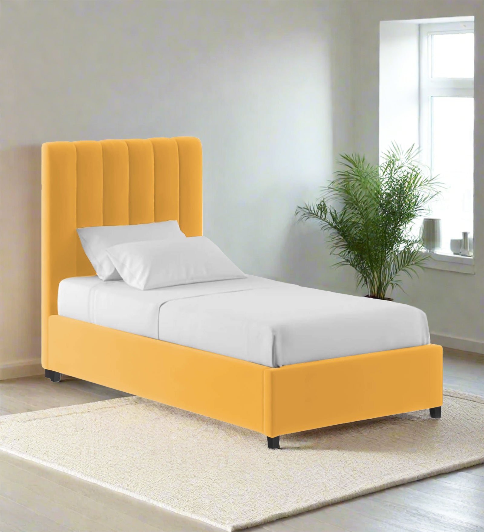 Lara Velvet Upholstered Single Bed in Turmeric Yellow Colour
