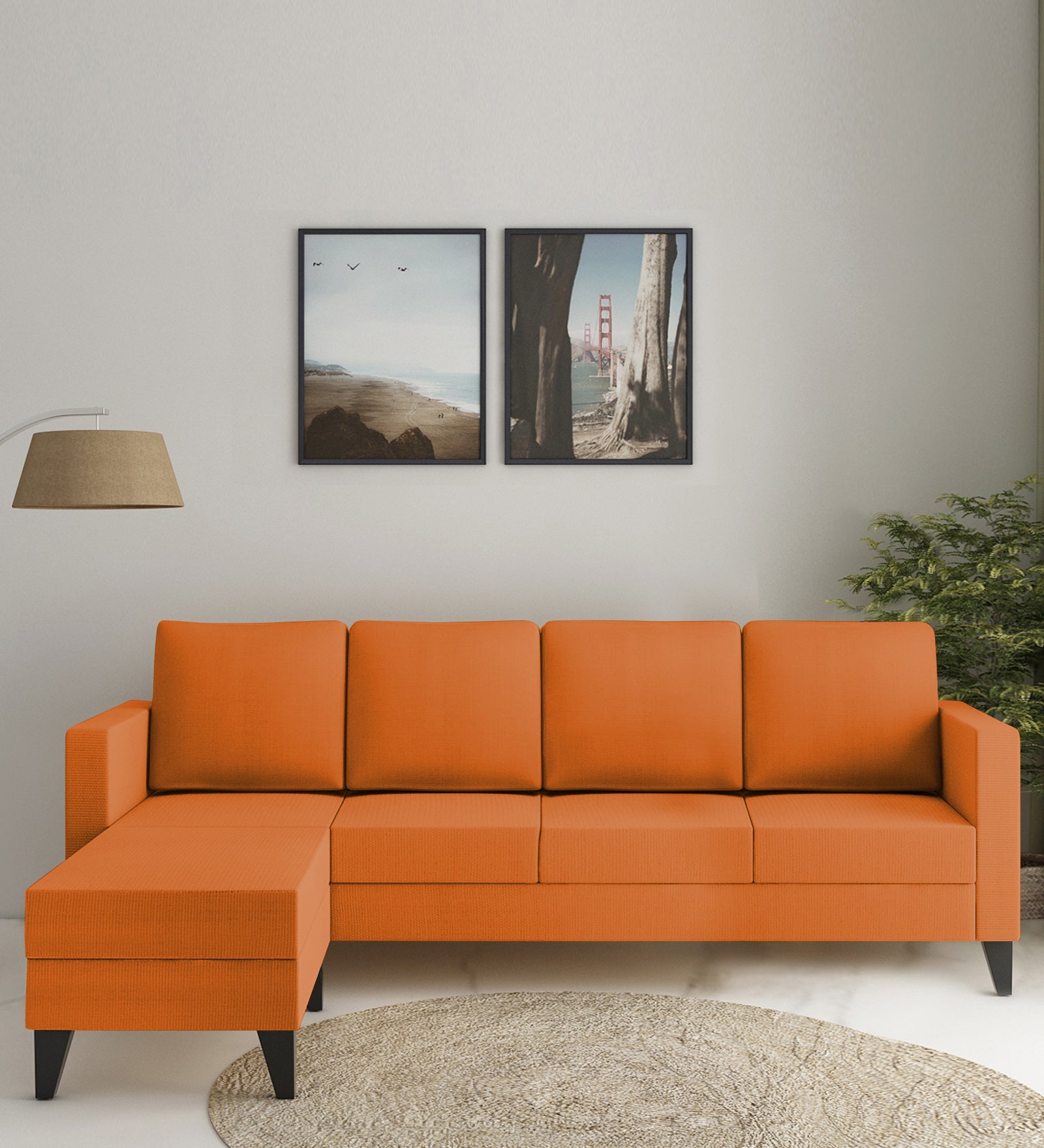 Nori Fabric RHS Sectional Sofa (3+Lounger) In Dark Orange Colour - Febonic Living
