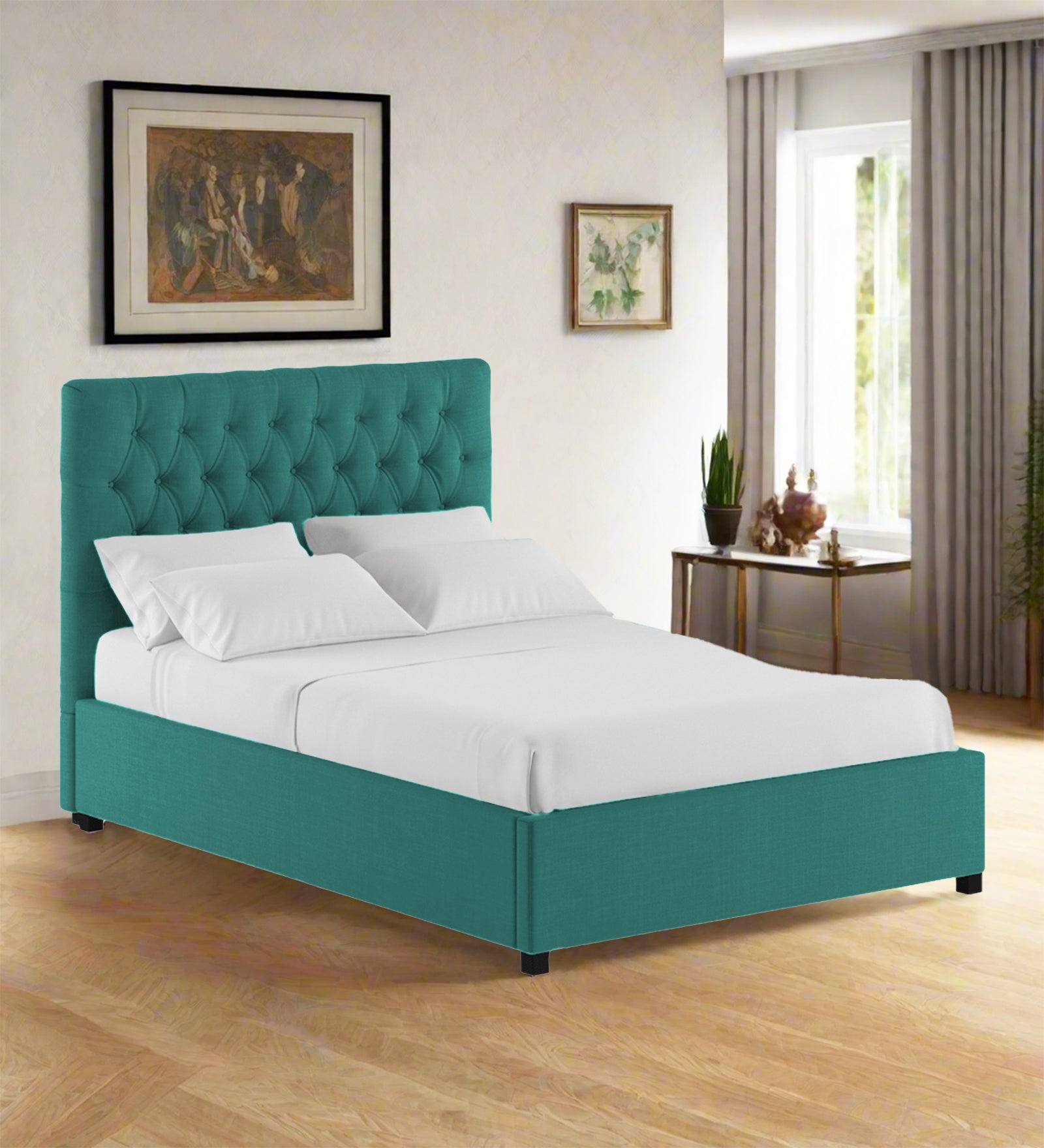 Isko Fabric King Size Bed In Sea Green Colour With Storage Box - Febonic Living