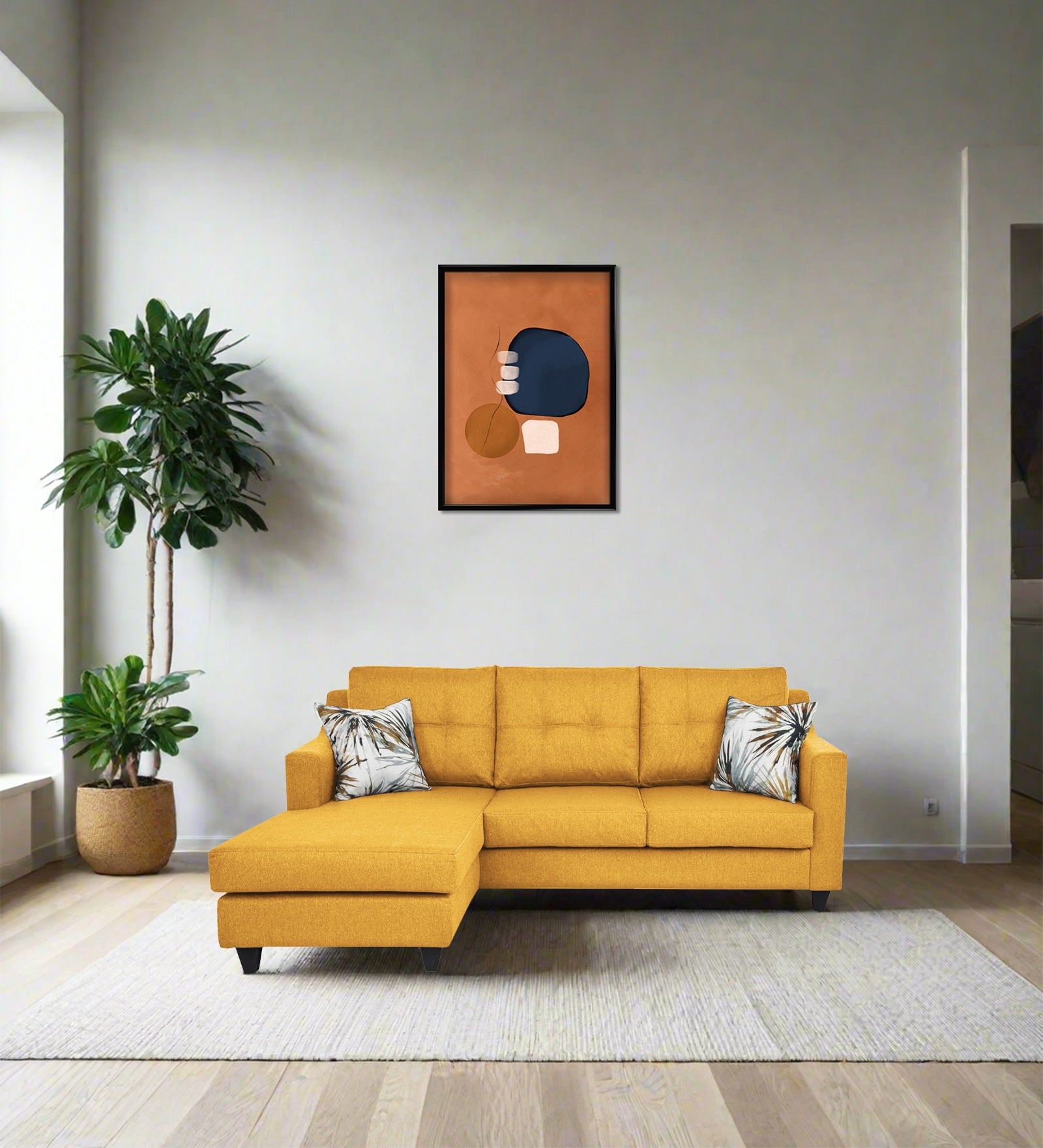 Welly Fabric RHS Sectional Sofa (2+Lounger) In Bold Yellow Colour - Febonic Living