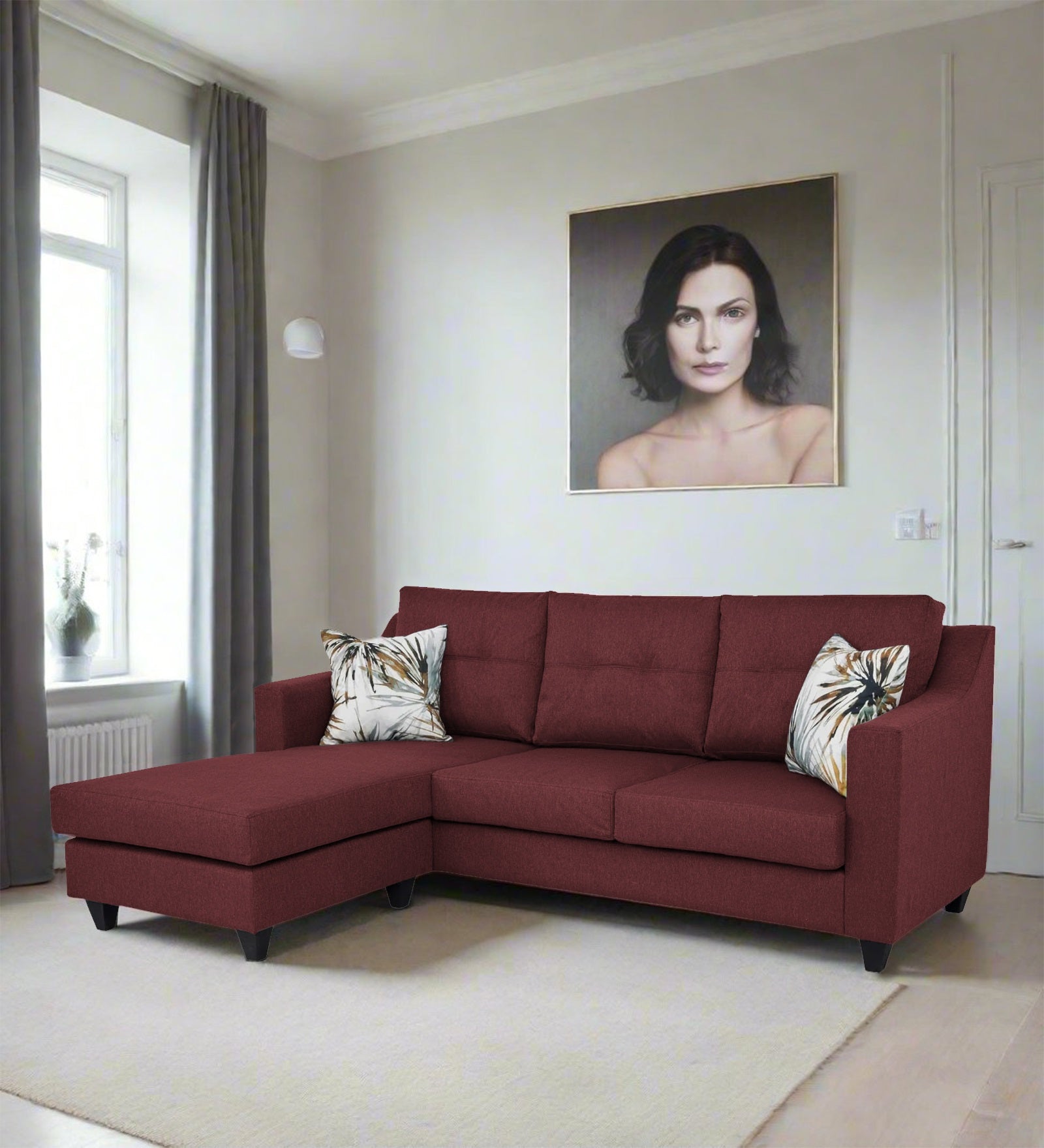 Welly Fabric RHS Sectional Sofa (2+Lounger) In Blaze Red Colour - Febonic Living