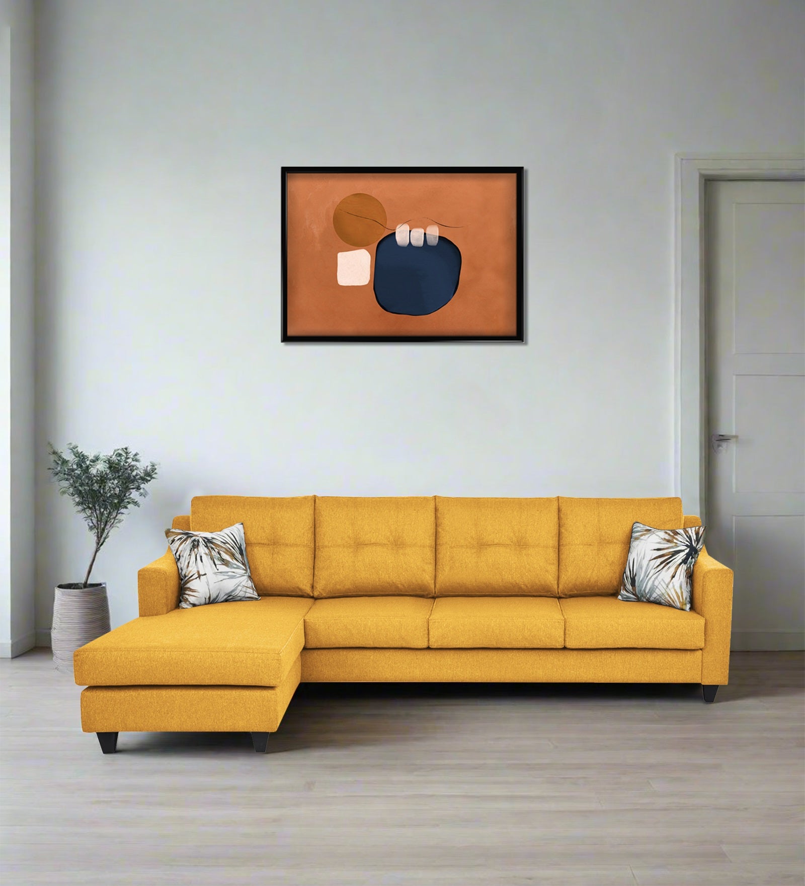 Welly Fabric RHS Sectional Sofa (3+Lounger) In Bold Yellow Colour - Febonic Living