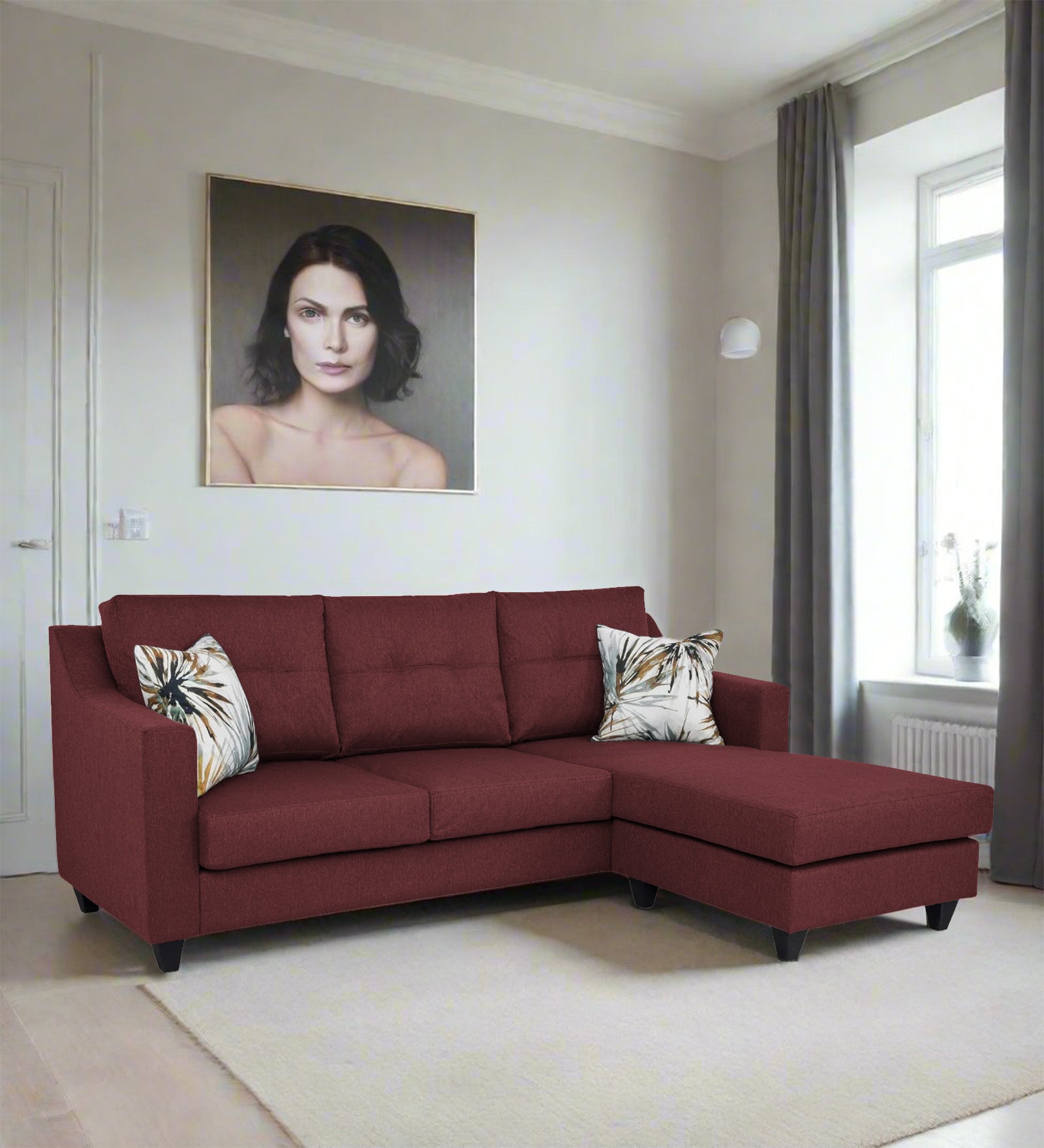 Welly Fabric LHS Sectional Sofa (2+Lounger) In Blaze Red Colour
