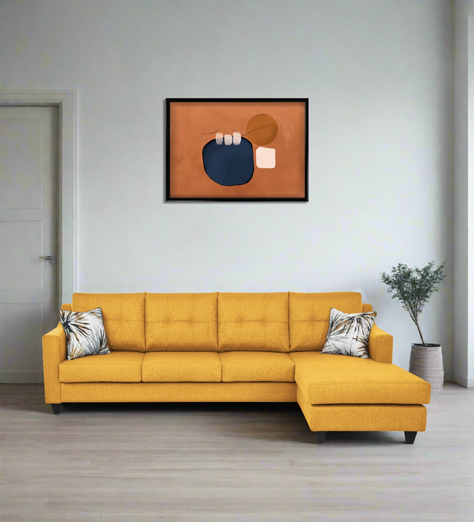 Welly Fabric LHS Sectional Sofa (3+Lounger) In Bold Yellow Colour - Febonic Living
