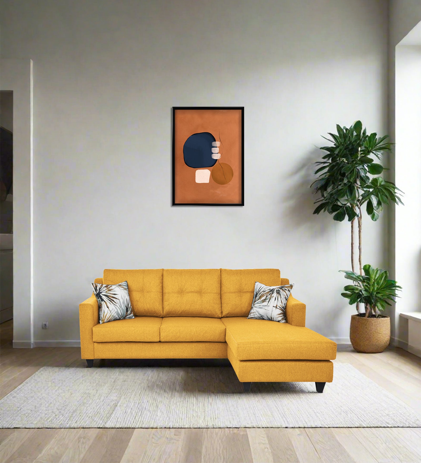 Welly Fabric LHS Sectional Sofa (2+Lounger) In Bold Yellow Colour - Febonic Living