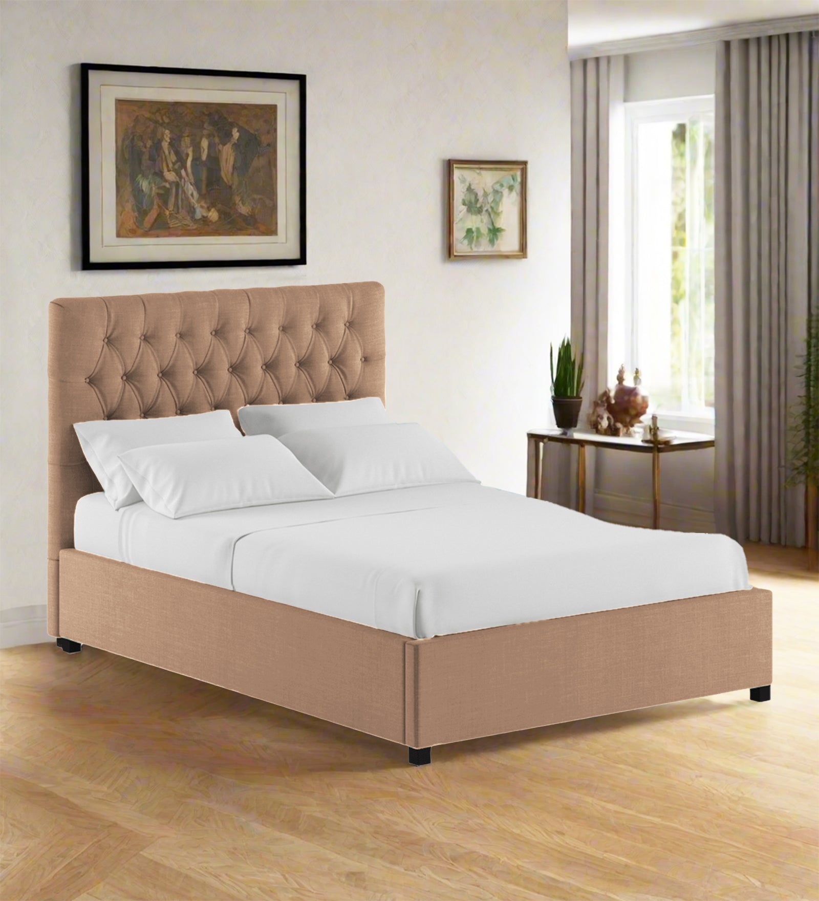 Isko Fabric King Size Bed In Cosmic Beige Colour With Storage Box - Febonic Living