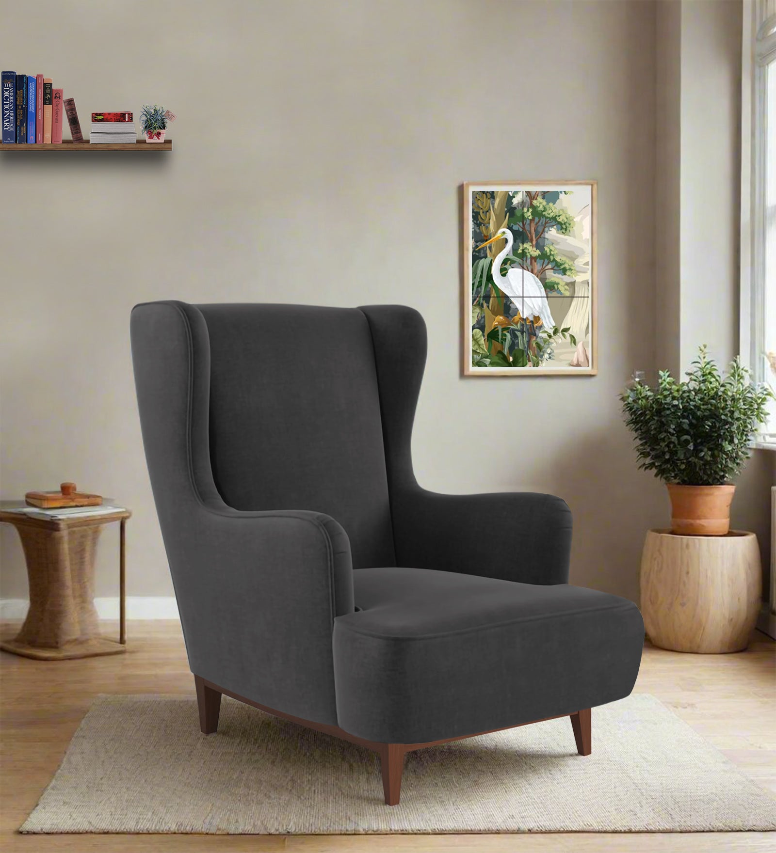 Suri Velvet Wing Chair In Davy Grey Colour - Febonic Living
