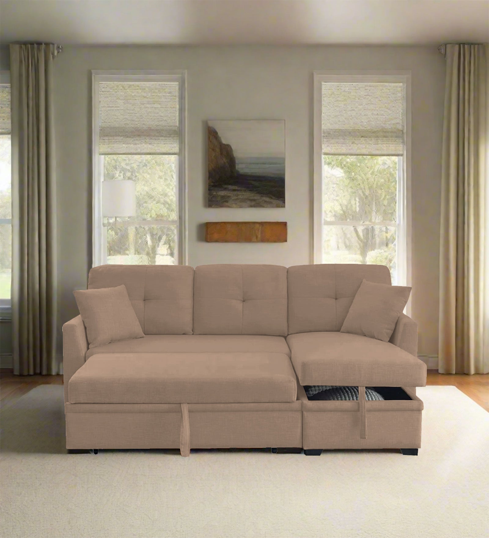 Jody Fabric 3 Seater Pull Out Sofa Cum Bed In Cookie Beige Colour With Storage - Febonic Living