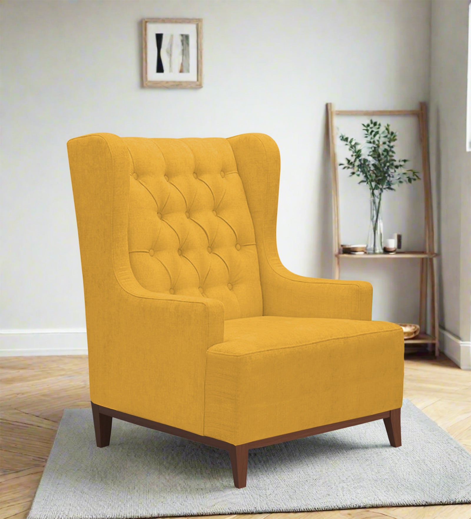 Kuchi Fabric Wing Chair In Bold Yellow Colour - Febonic Living