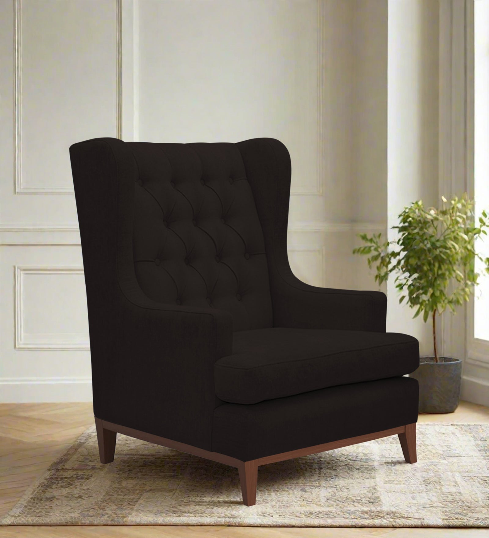 Panas Fabric Wing Chair In Caro Brown Colour - Febonic Living