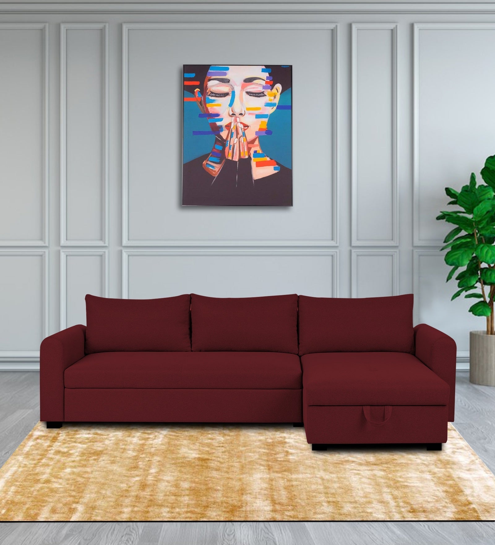 Sigma Fabric LHS Sectional Sofa (3+Lounger) In Blood Maroon Colour - Febonic Living