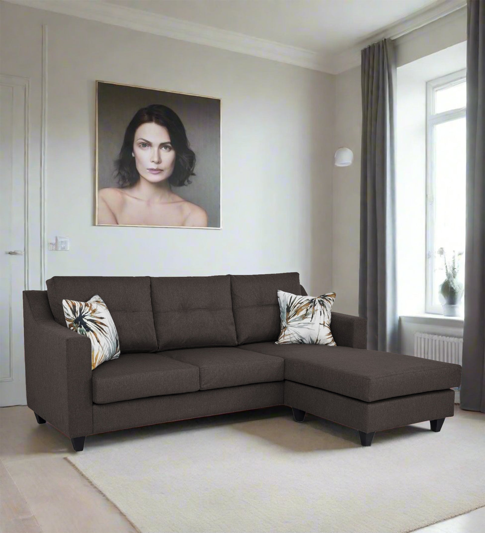 Welly Fabric LHS Sectional Sofa (2+Lounger) In Capsa Brown Colour - Febonic Living