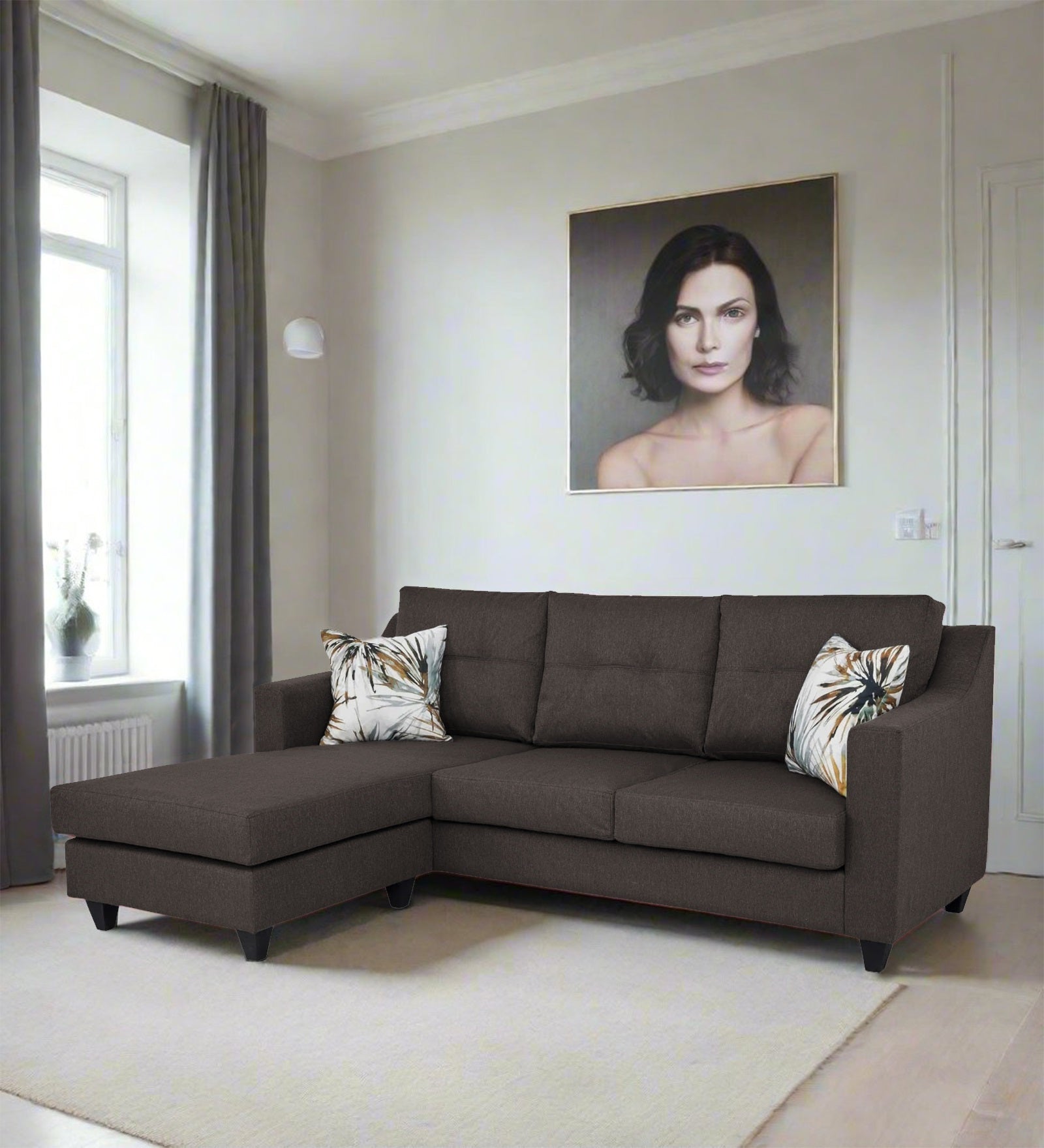 Welly Fabric RHS Sectional Sofa (2+Lounger) In Caspa Brown Colour - Febonic Living