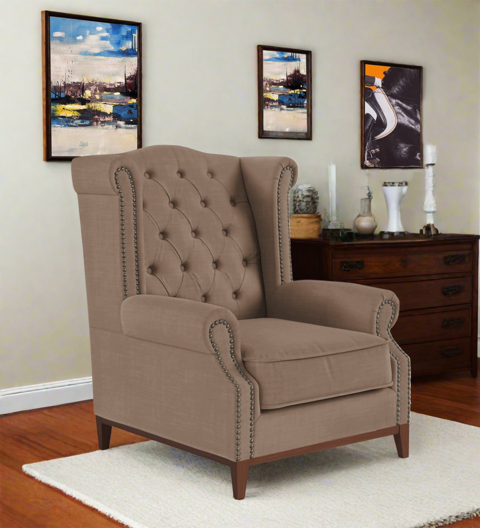 Nory Fabric Wing Chair In Cookie Beige Colour - Febonic Living
