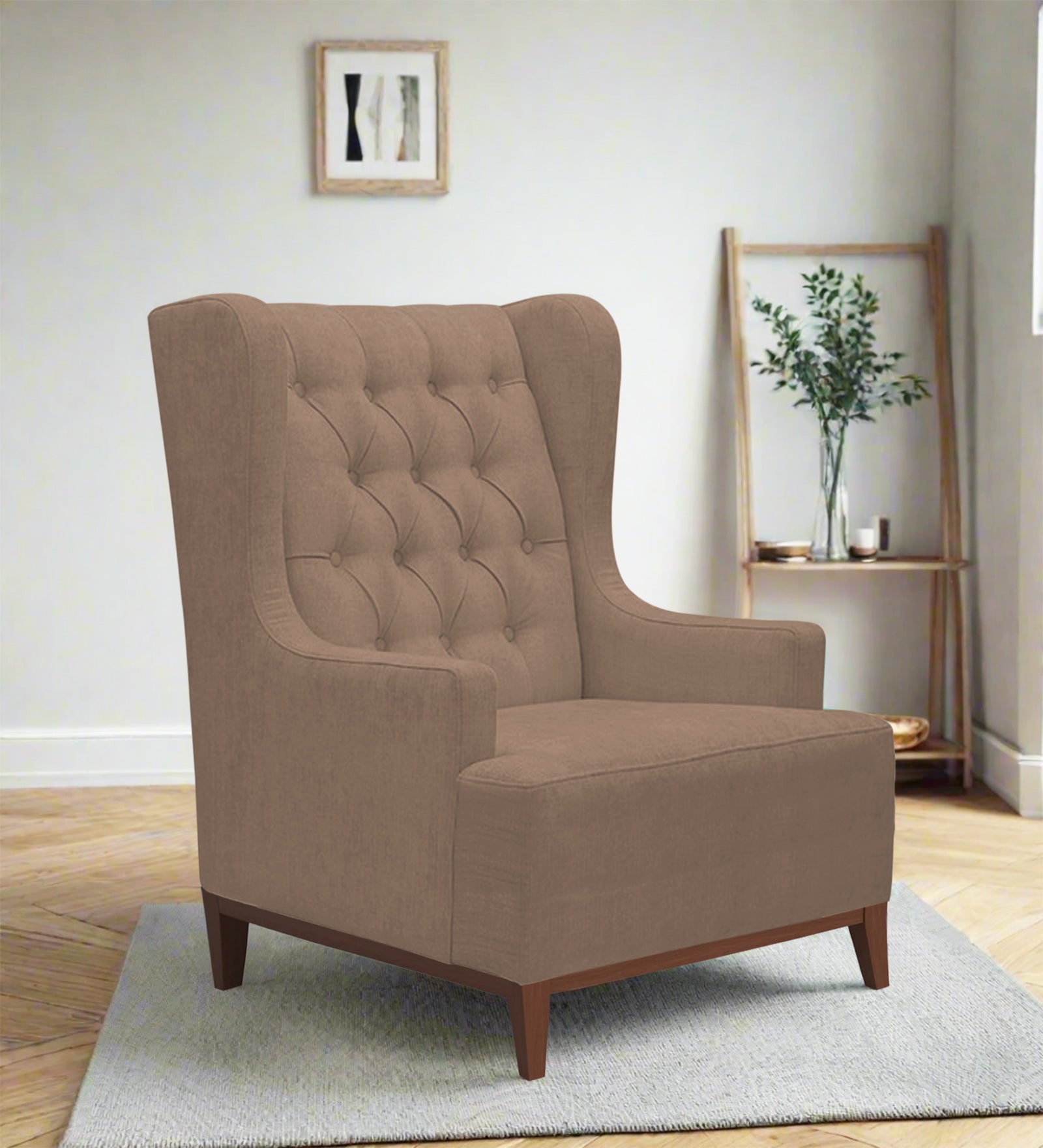 Kuchi Fabric Wing Chair In Cookie Beige Colour - Febonic Living