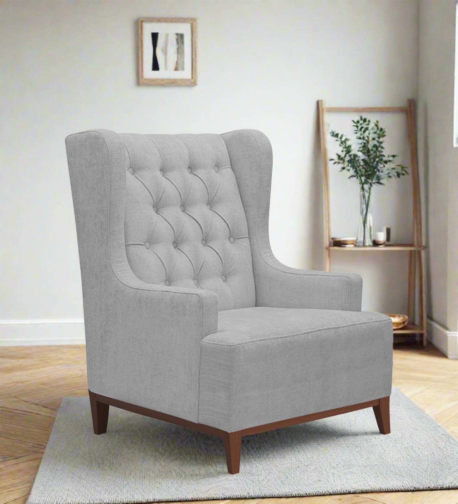 Kuchi Fabric Wing Chair In Lit Grey Colour - Febonic Living