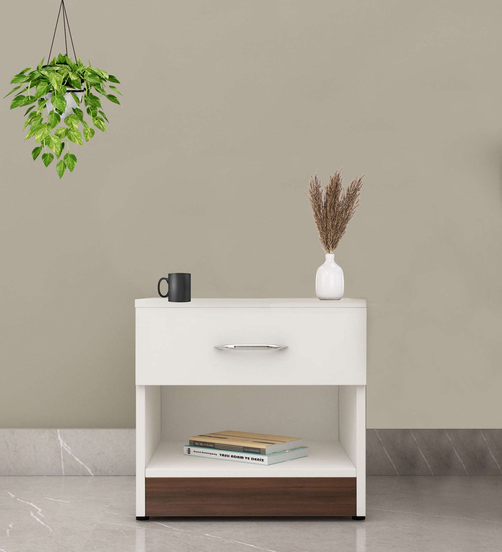 Kaiva Bedside Table With Drawer In Frosty White And Dark Walnut Finish - Febonic Living