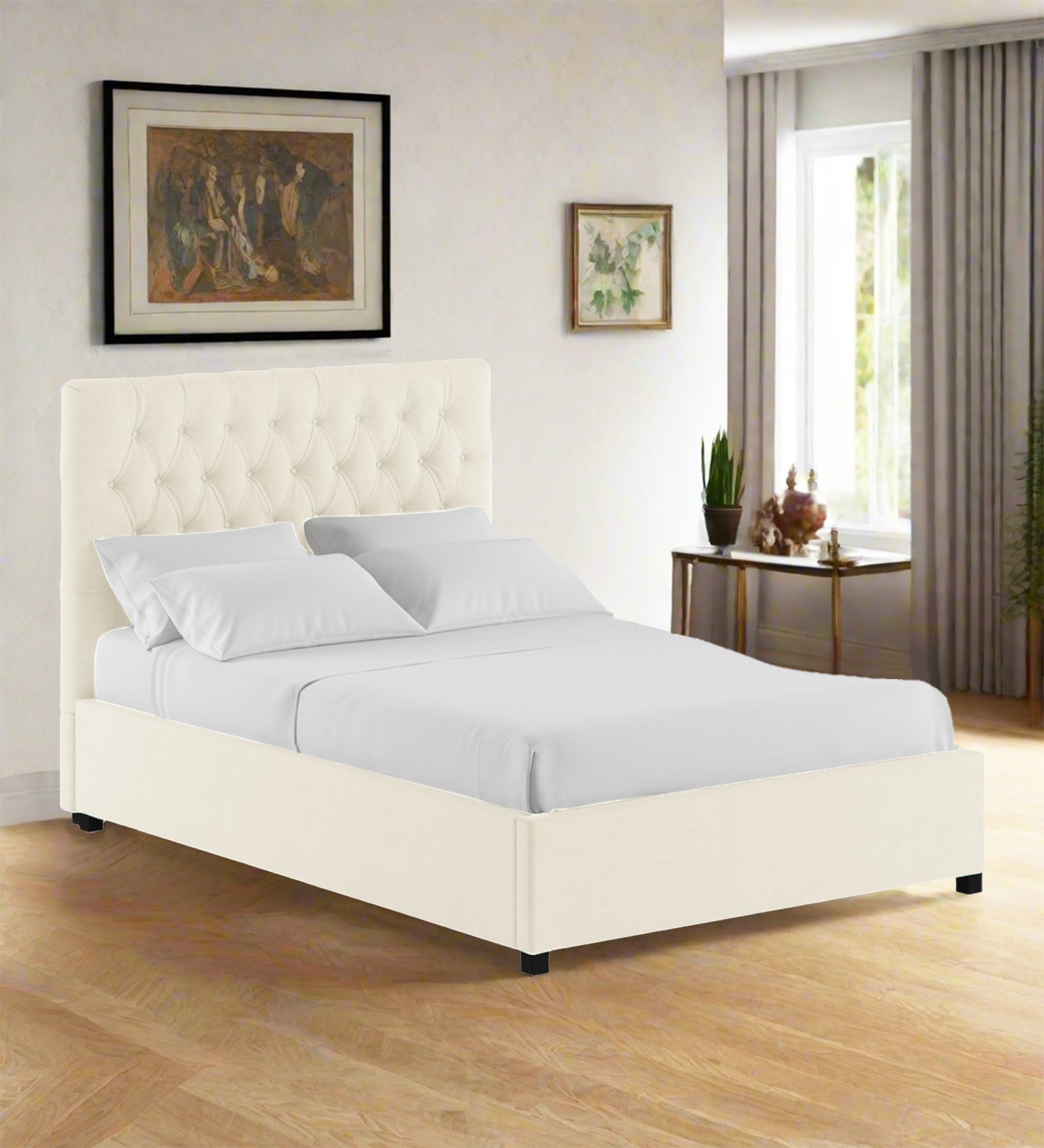 Isko Fabric King Size Bed In Ivory Cream Colour With Storage Box - Febonic Living