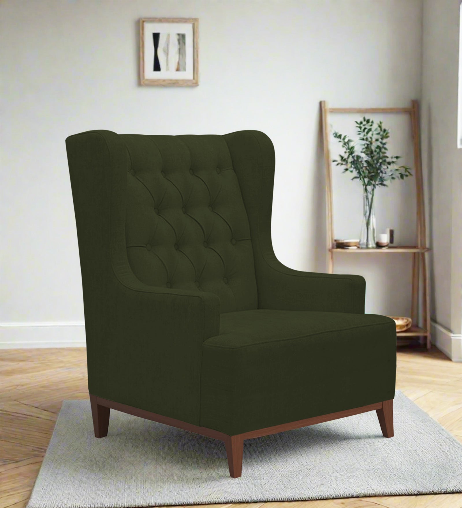 Kuchi Fabric Wing Chair In Olive Green Colour - Febonic Living