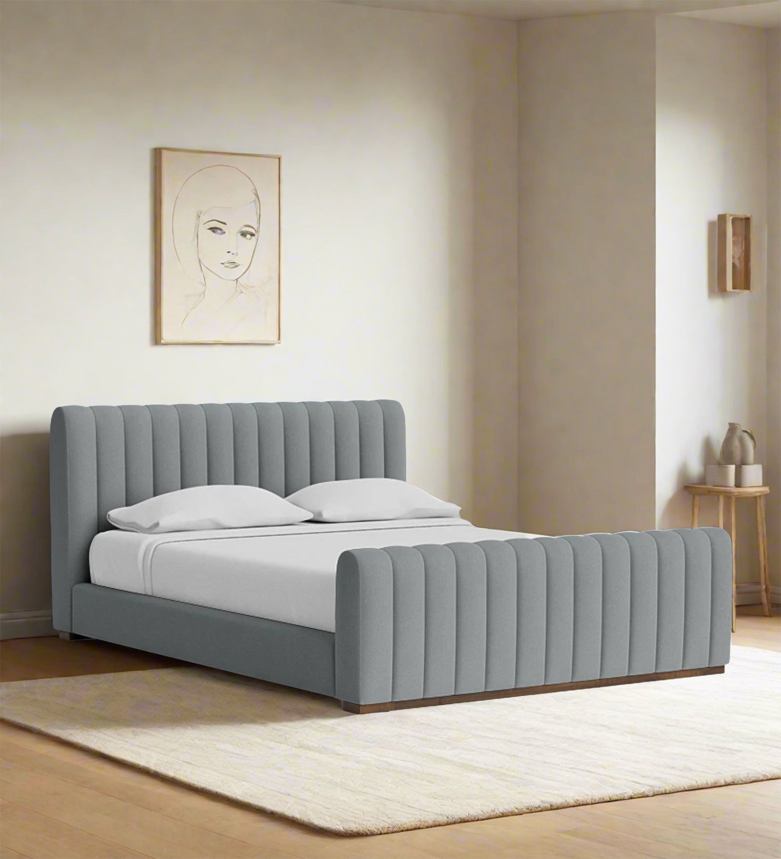 Nalan Velvet Upholstered King Size Bed in Pubble Grey Colour - Febonic Living