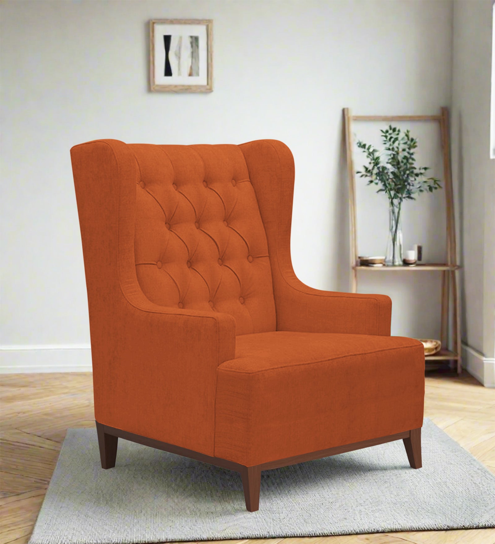 Kuchi Fabric Wing Chair In Vivid Orange Colour - Febonic Living