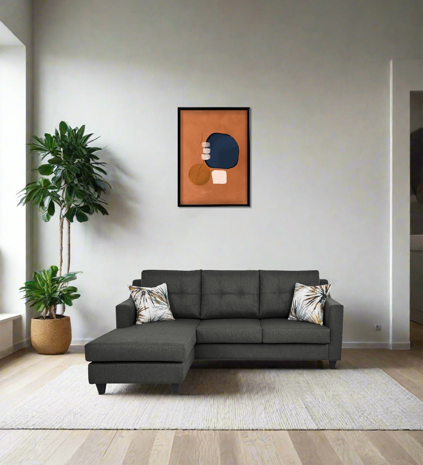 Welly Fabric RHS Sectional Sofa (2+Lounger) In Charcoal Grey Colour - Febonic Living