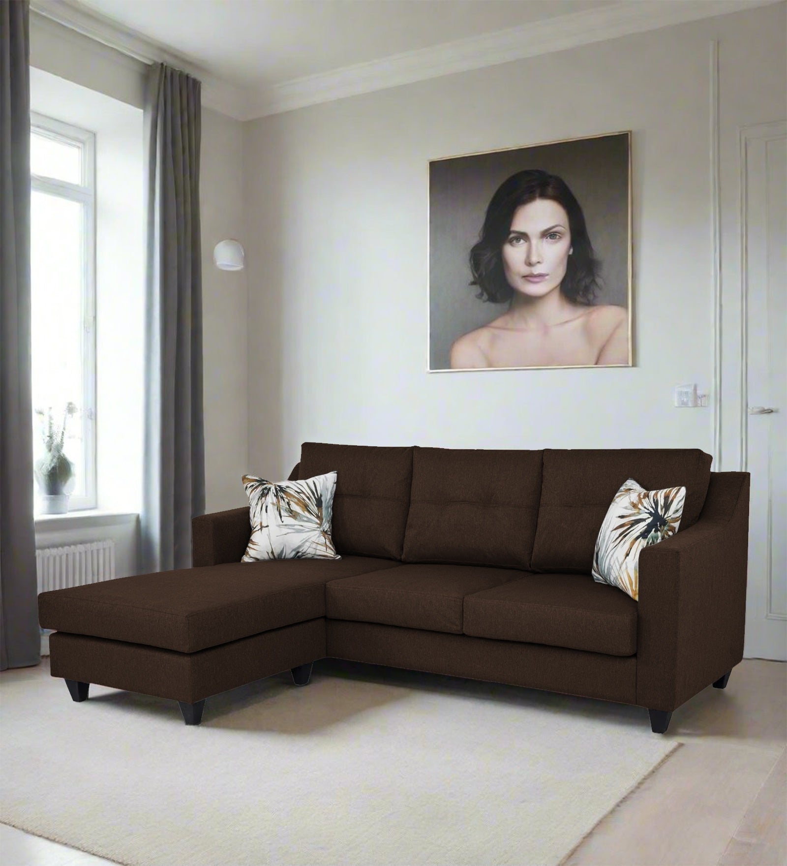 Welly Fabric RHS Sectional Sofa (2+Lounger) In Cidar Brown Colour - Febonic Living