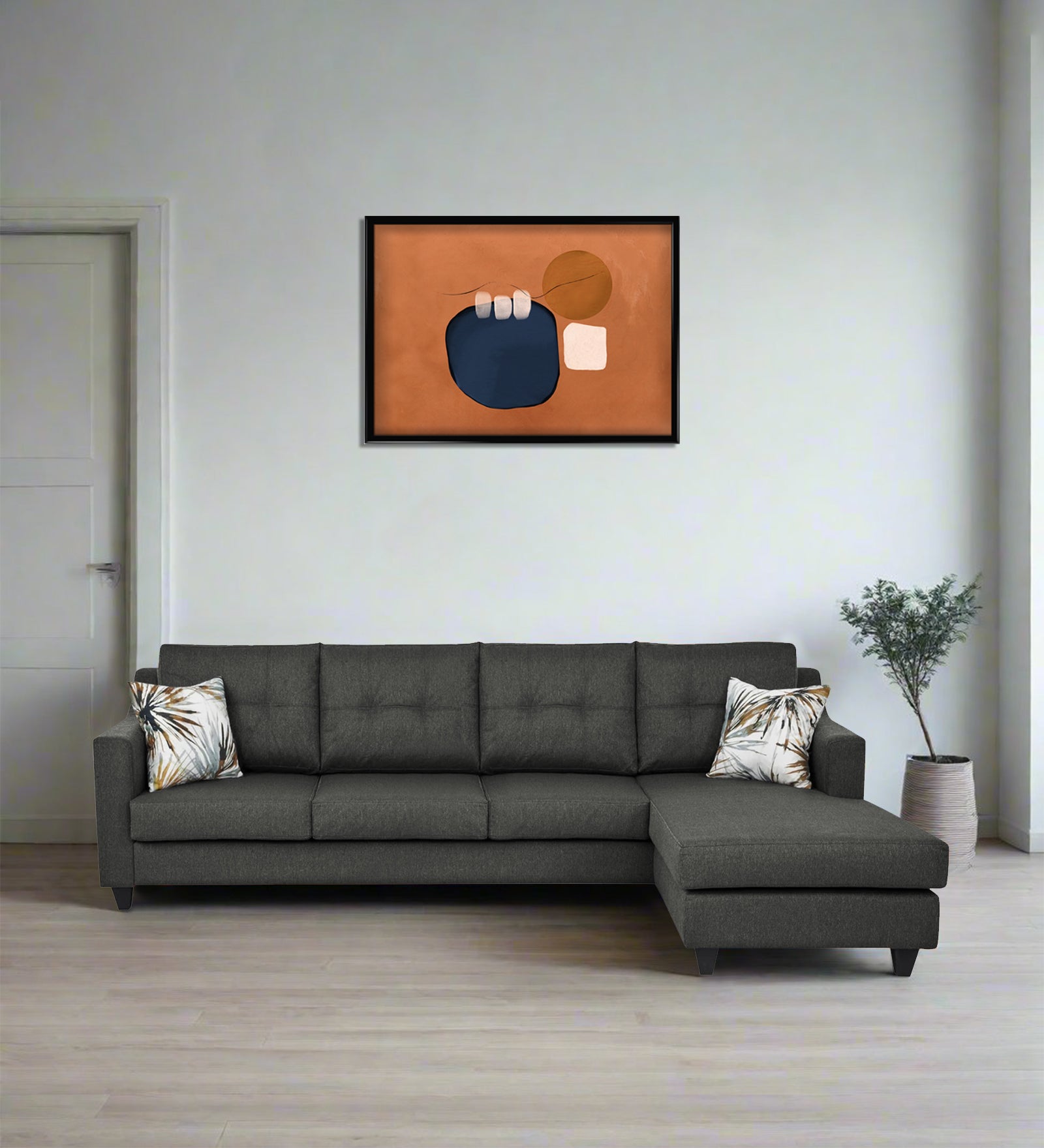 Welly Fabric LHS Sectional Sofa (3+Lounger) In Charcoal Grey Colour - Febonic Living