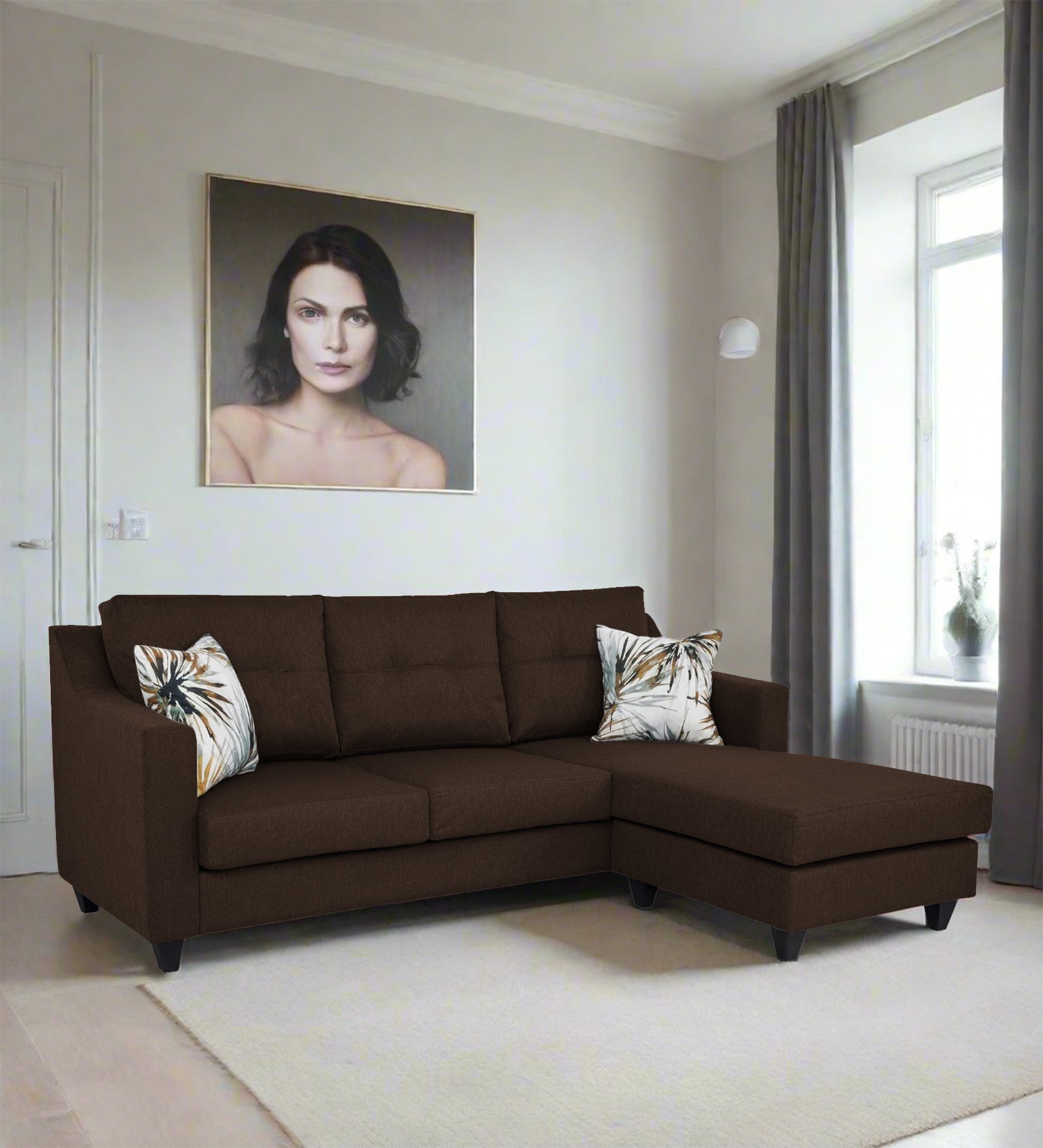 Welly Fabric LHS Sectional Sofa (2+Lounger) In Cidar Brown Colour