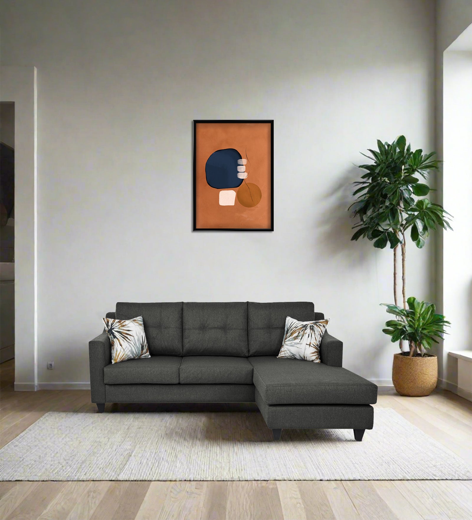 Welly Fabric LHS Sectional Sofa (2+Lounger) In Charcoal Grey Colour - Febonic Living
